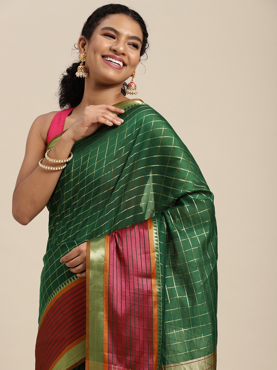 

MIMOSA Green & Pink Checked Zari Art Silk Banarasi Saree