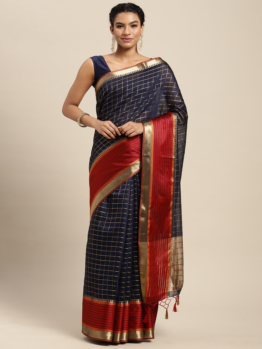 

MIMOSA Navy Blue & Red Checked Saree