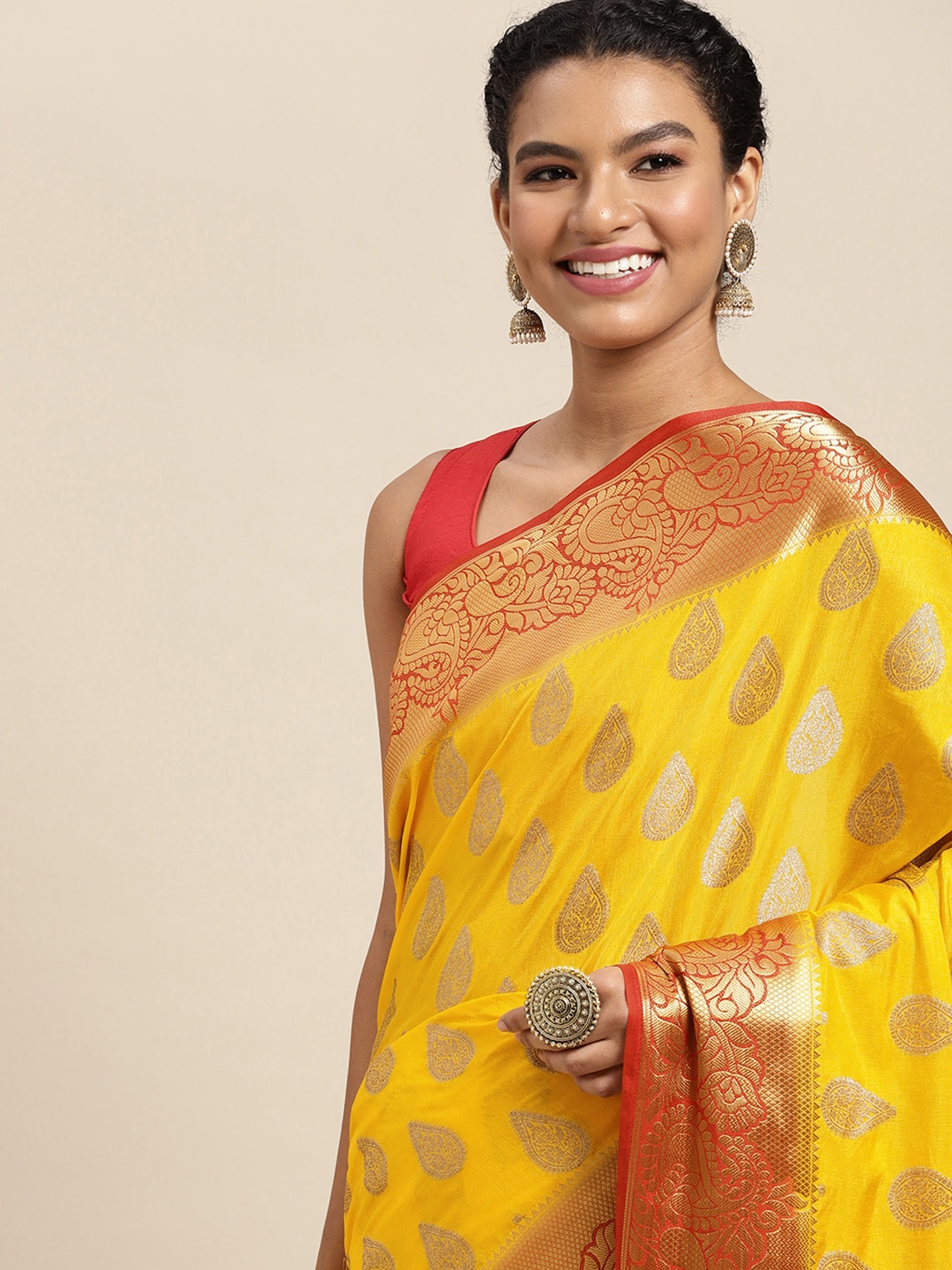 

MIMOSA Yellow & Maroon Ethnic Motifs Art Silk Saree