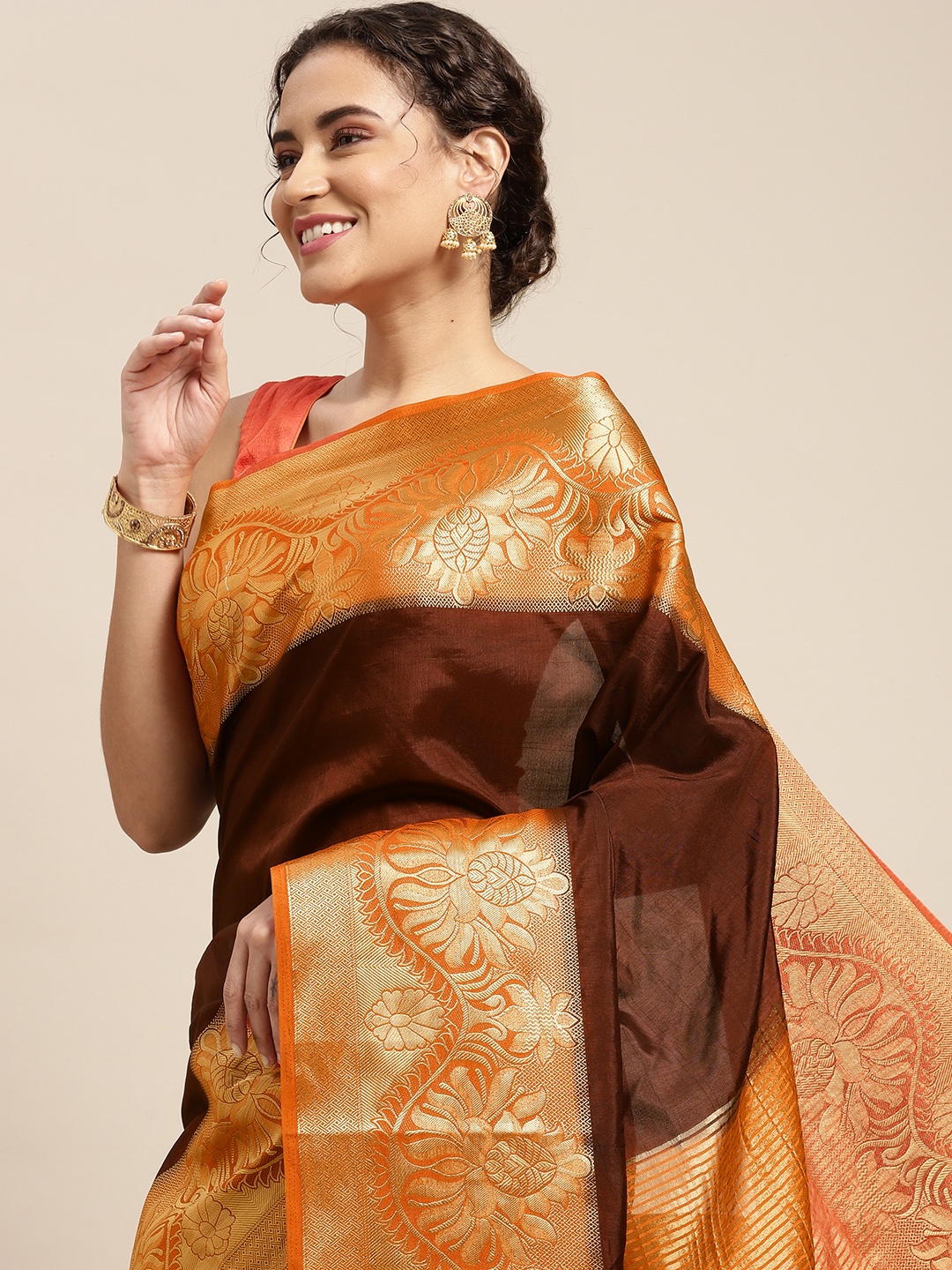 

MIMOSA Burgundy & Orange Zari Art Silk Kanjeevaram Saree