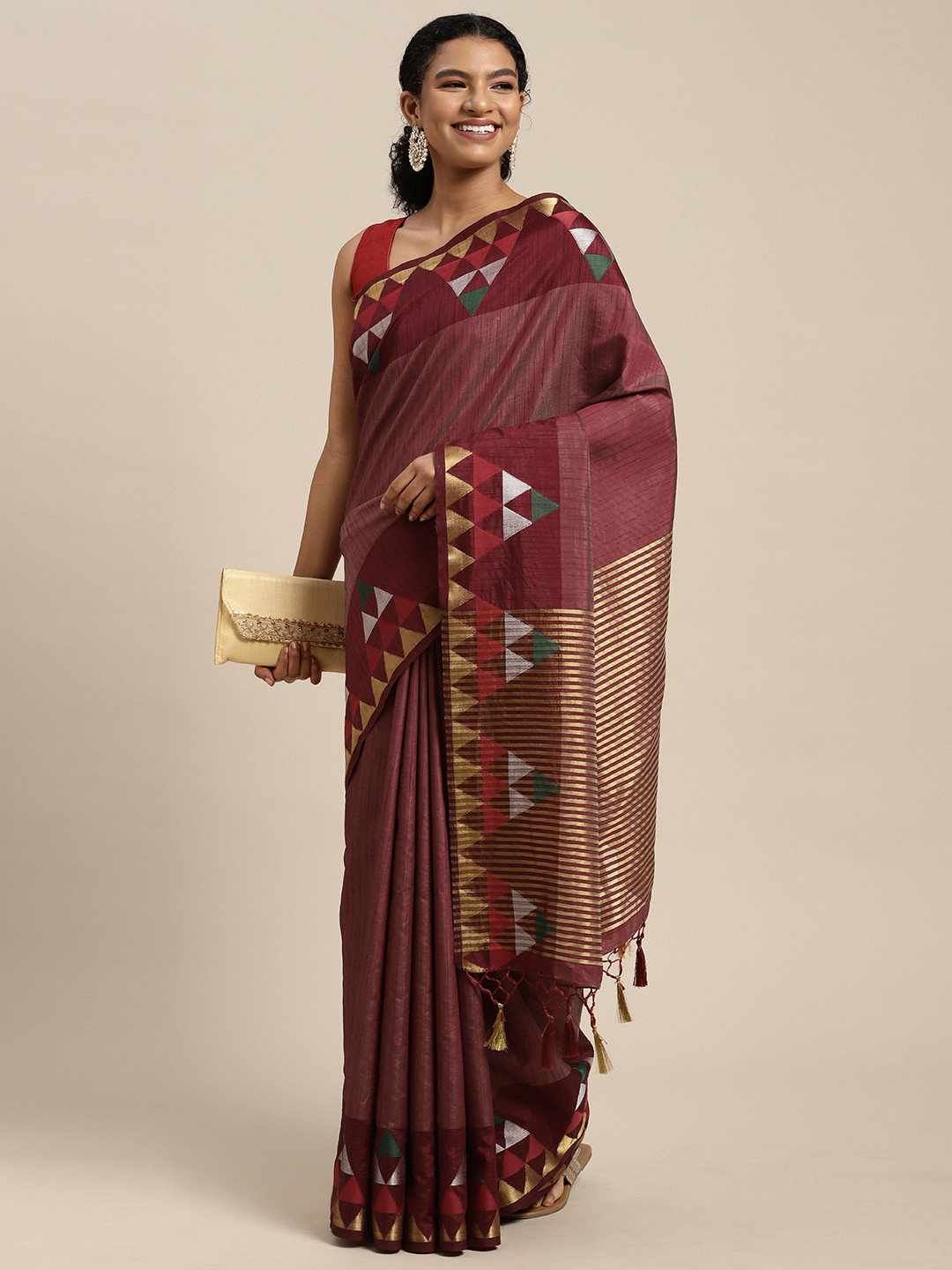 

MIMOSA Burgundy & Golden Striped Zari Art Silk Kanjeevaram Saree