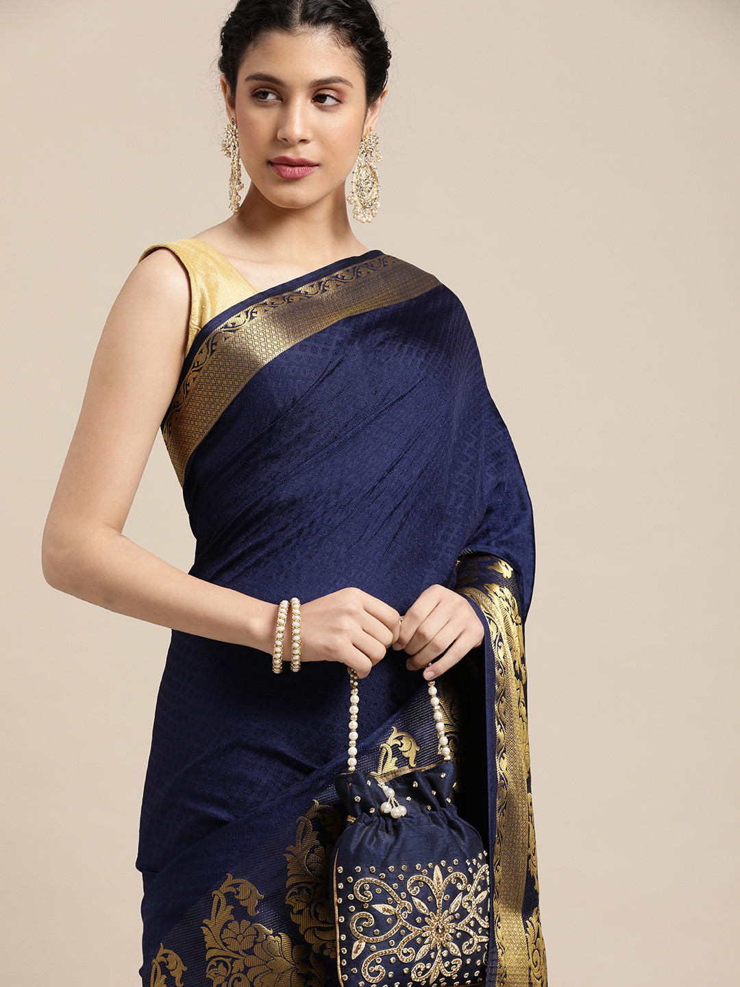 

MIMOSA Navy Blue & Golden Zari Art Silk Kanjeevaram Saree