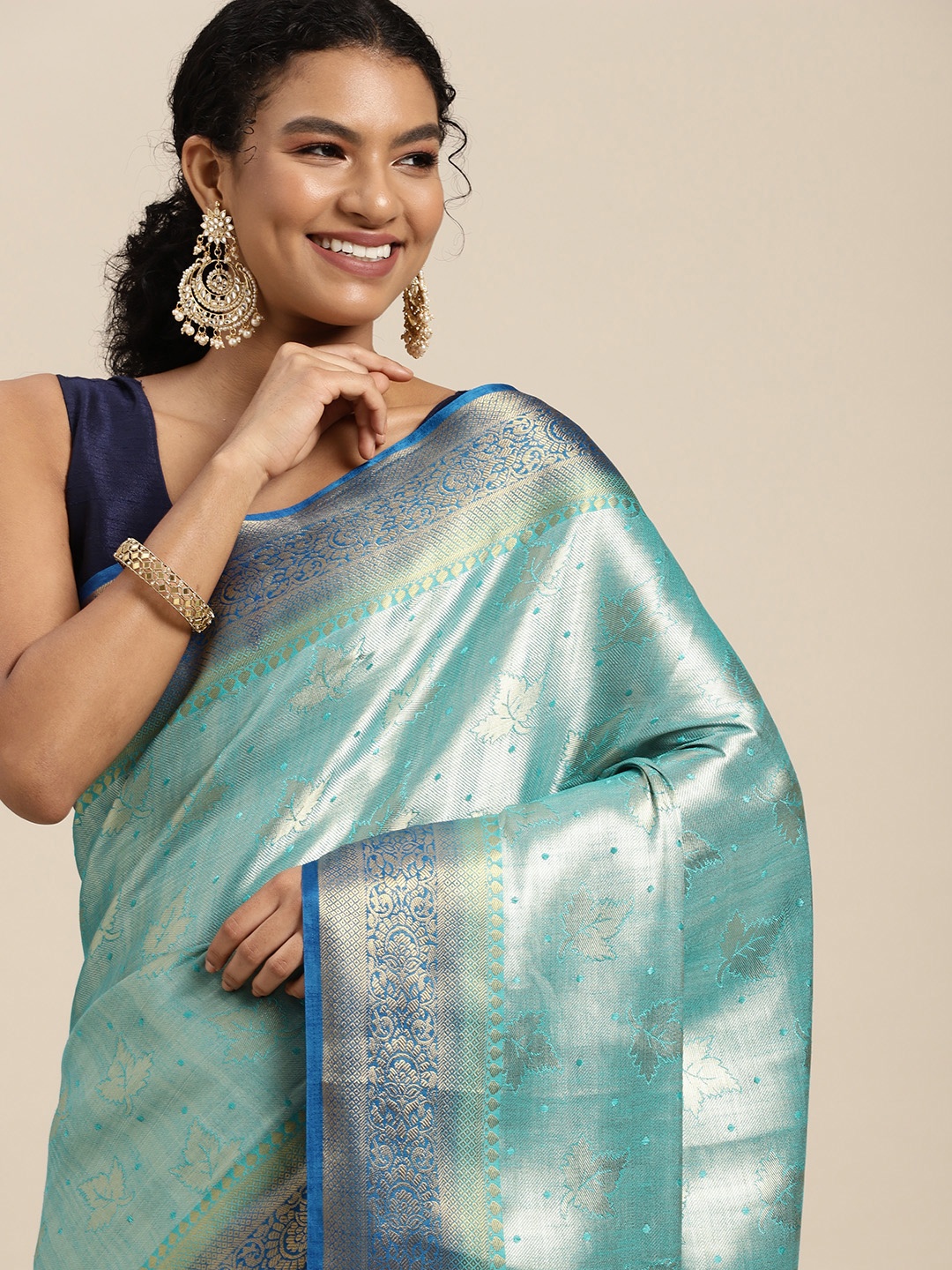 

MIMOSA Turquoise Blue Ethnic Motifs Zari Art Silk Kanjeevaram Saree