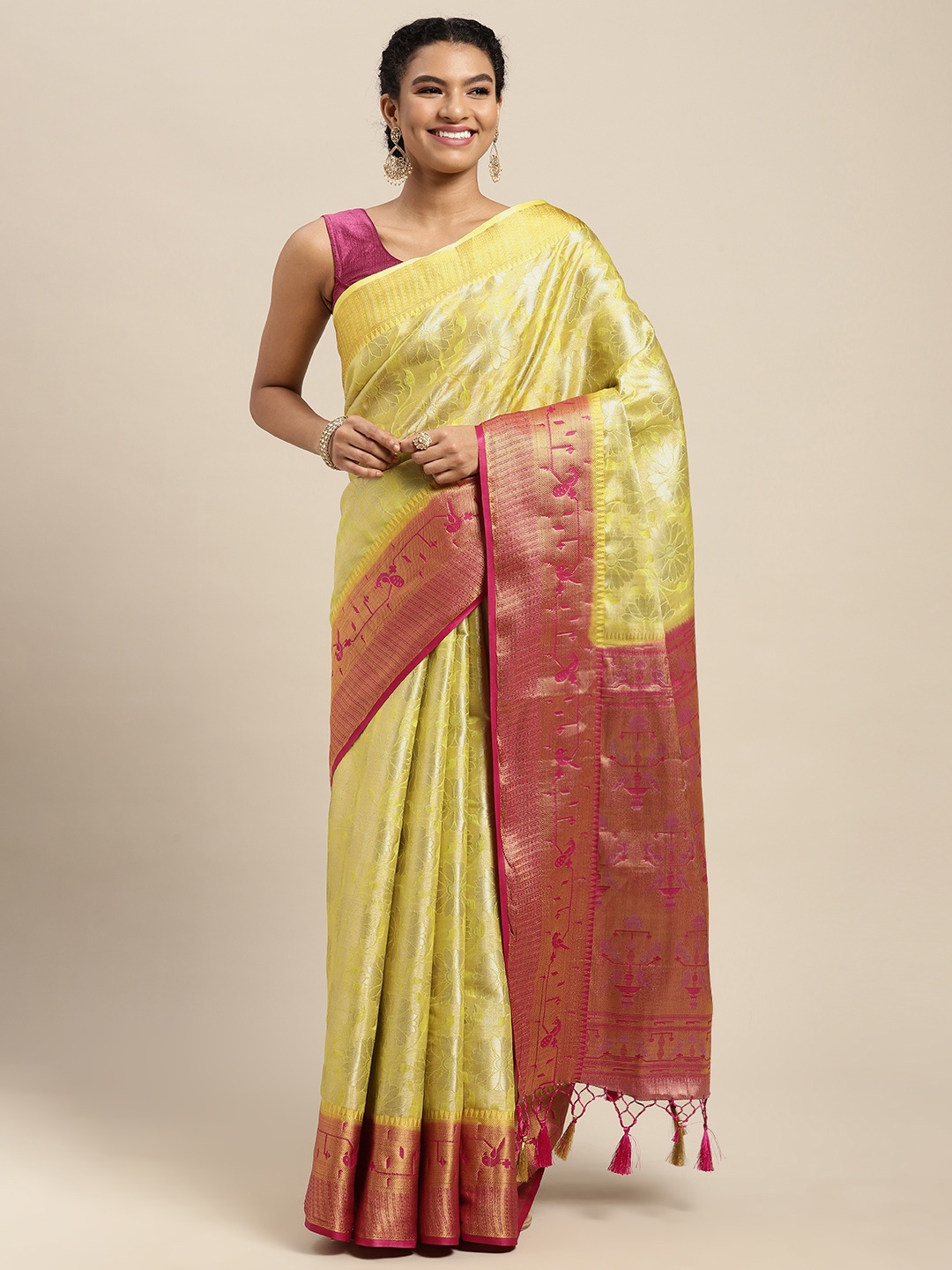 

MIMOSA Lime Green & Red Ethnic Motifs Art Silk Saree