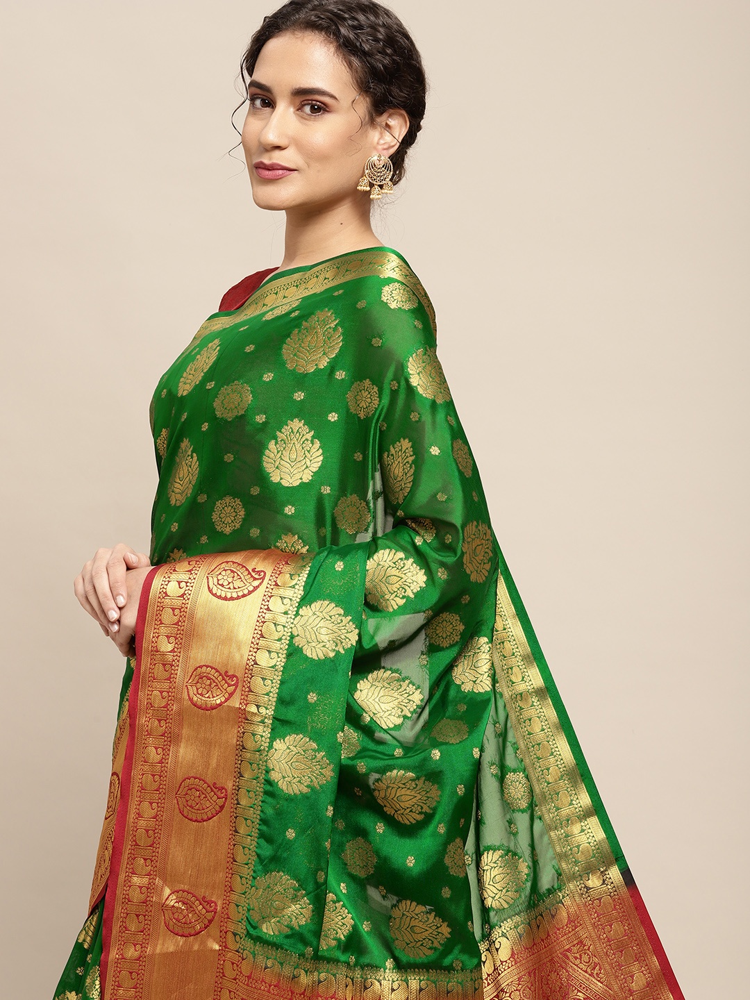 

MIMOSA Green & Golden Ethnic Motifs Zari Mysore Silk Saree