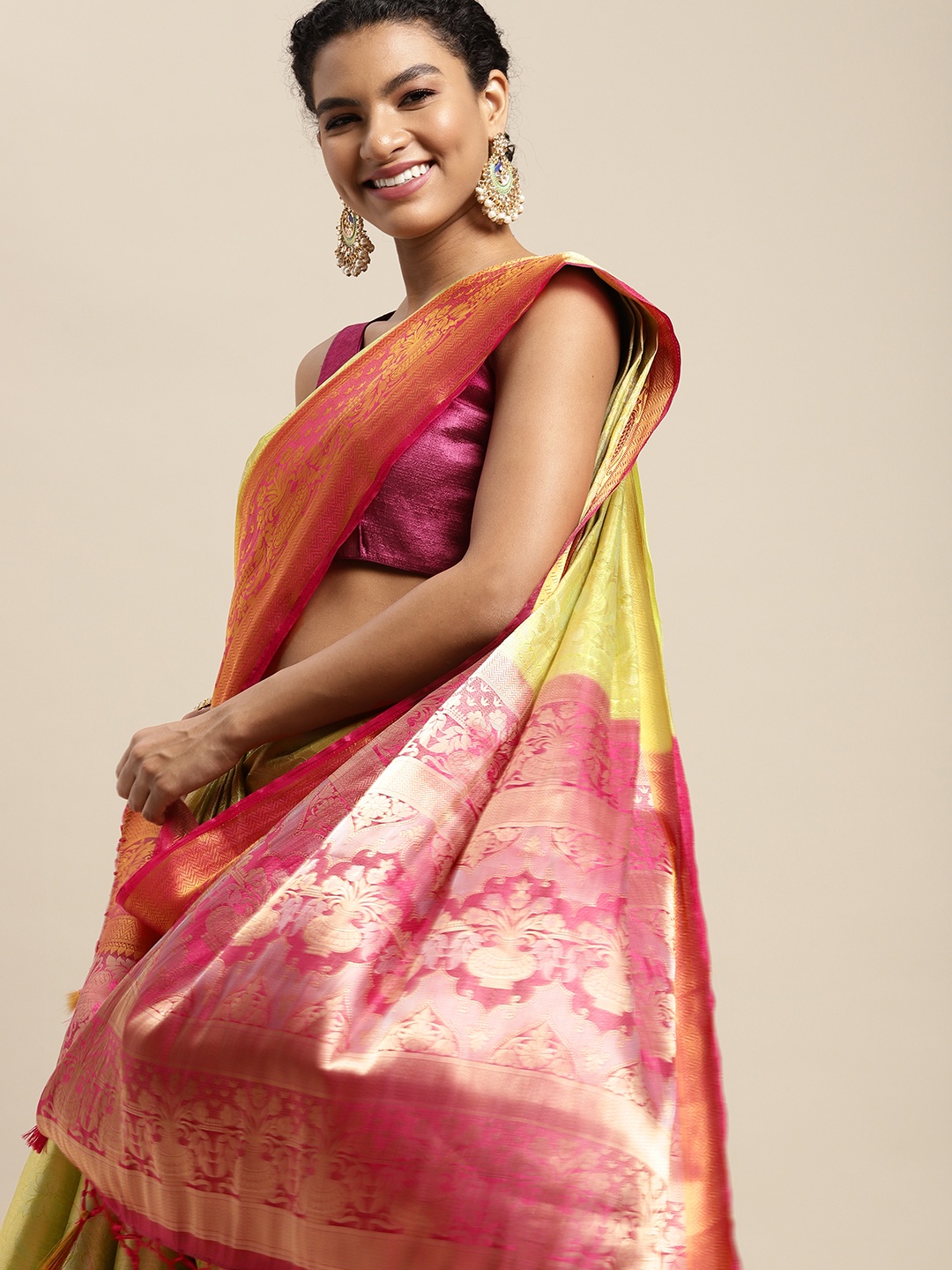 

MIMOSA Green & Pink Ethnic Motifs Saree