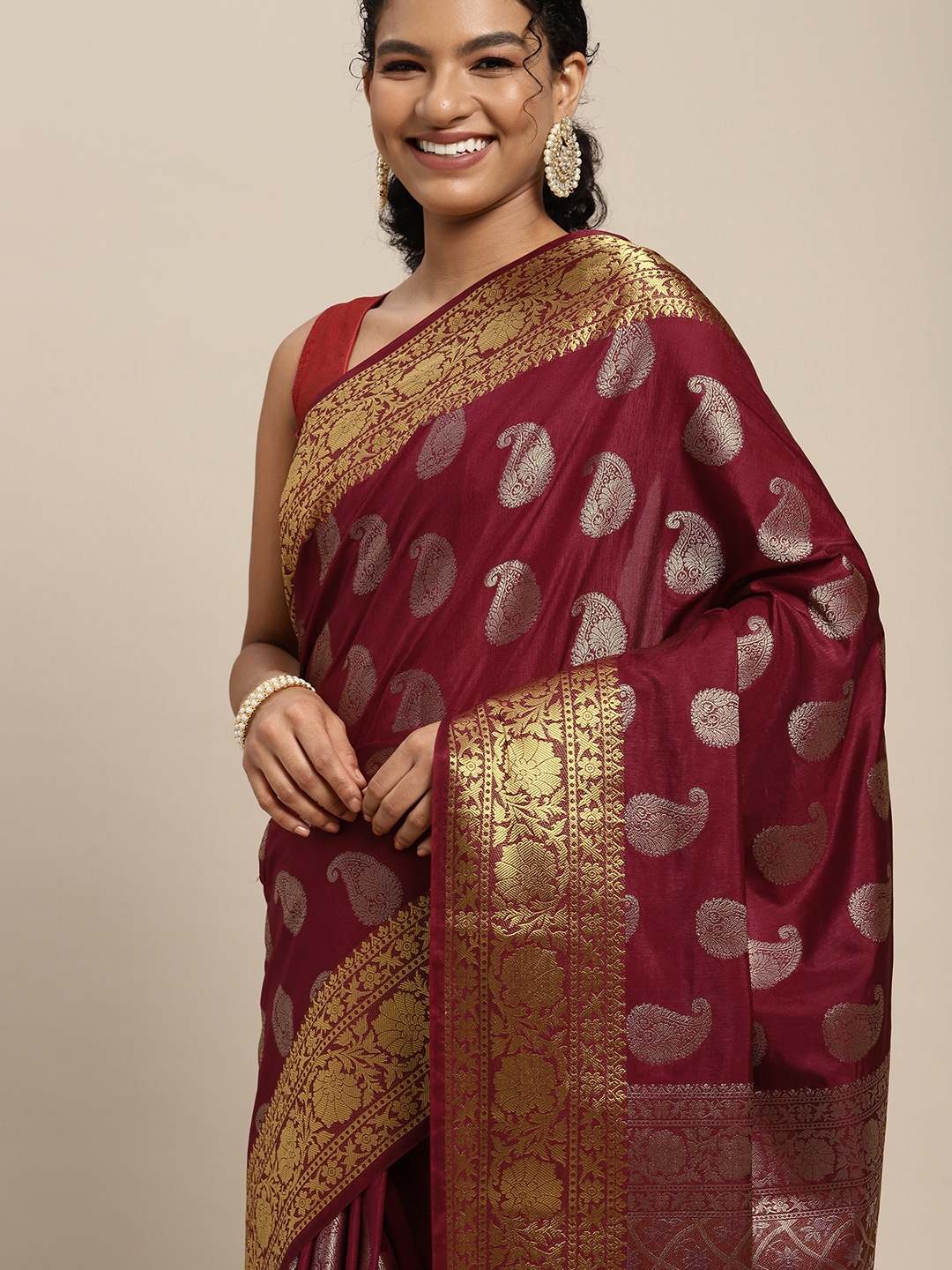 

MIMOSA Maroon & Golden Ethnic Motifs Zari Art Silk Kanjeevaram Saree