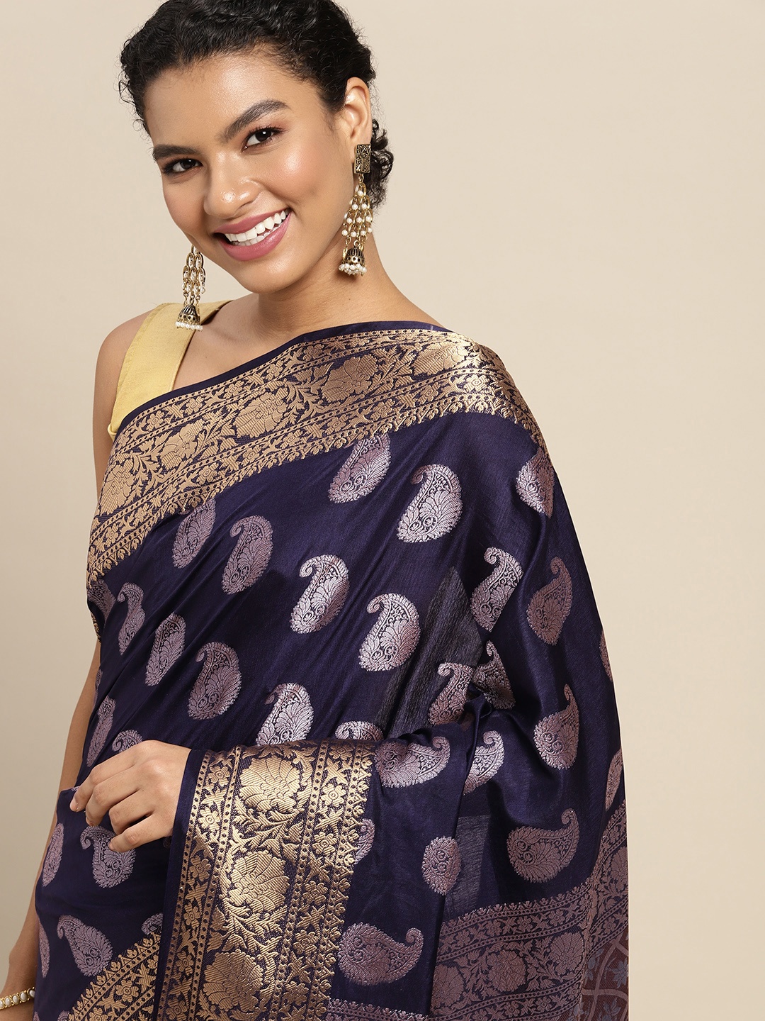 

MIMOSA Navy Blue & Golden Paisley Saree