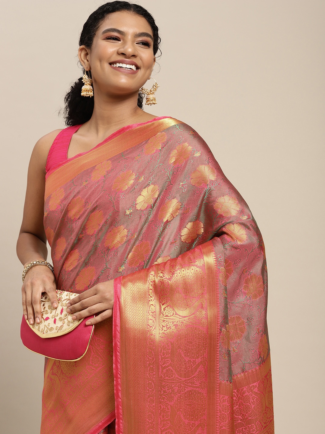 

MIMOSA Pink & Golden Ethnic Motifs Zari Art Silk Kanjeevaram Saree