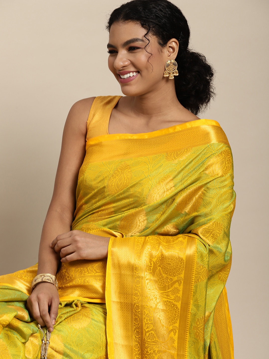 

MIMOSA Mustard Yellow & Green Ethnic Motifs Zari Art Silk Kanjeevaram Saree