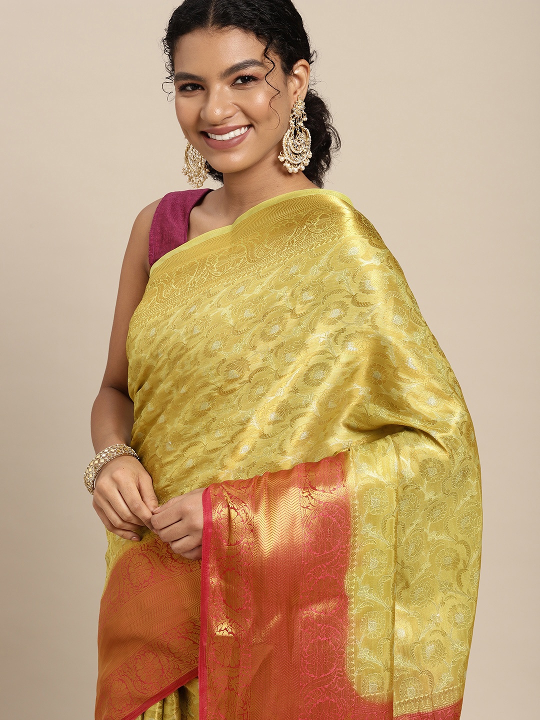 

MIMOSA Beige & Pink Ethnic Motifs Zari Art Silk Kanjeevaram Saree