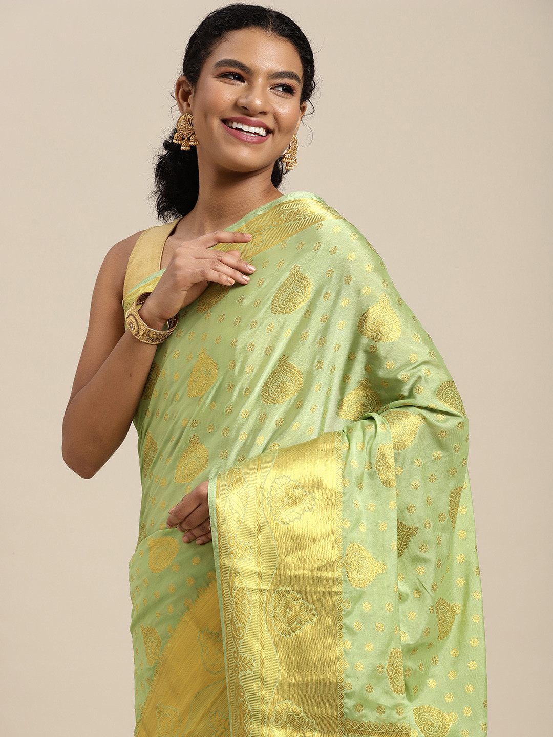 

MIMOSA Green & Golden Ethnic Motifs Zari Mysore Silk Saree