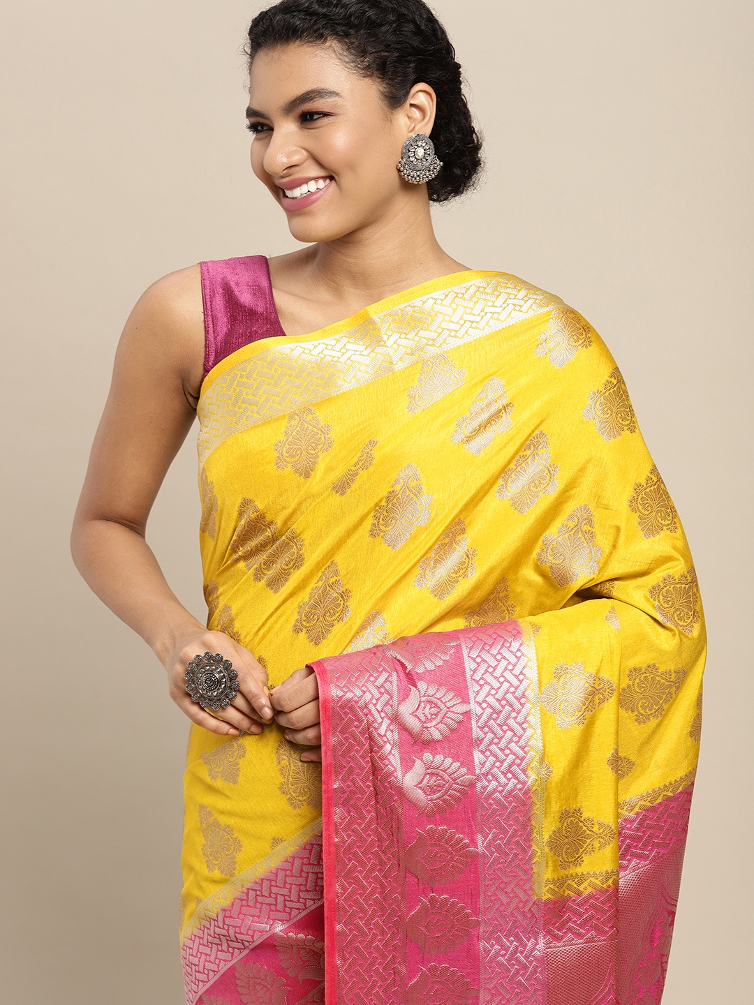 

MIMOSA Yellow & Pink Ethnic Motifs Art Silk Saree