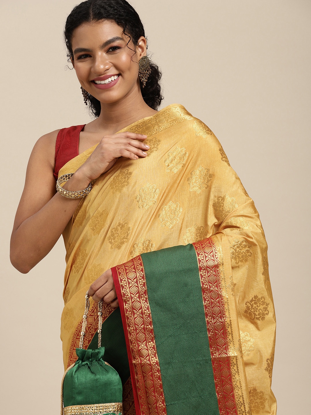 

MIMOSA Beige & Green Ethnic Motifs Zari Art Silk Kanjeevaram Saree