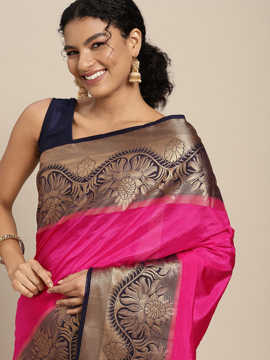 

MIMOSA Pink & Navy Blue Zari Art Silk Kanjeevaram Saree