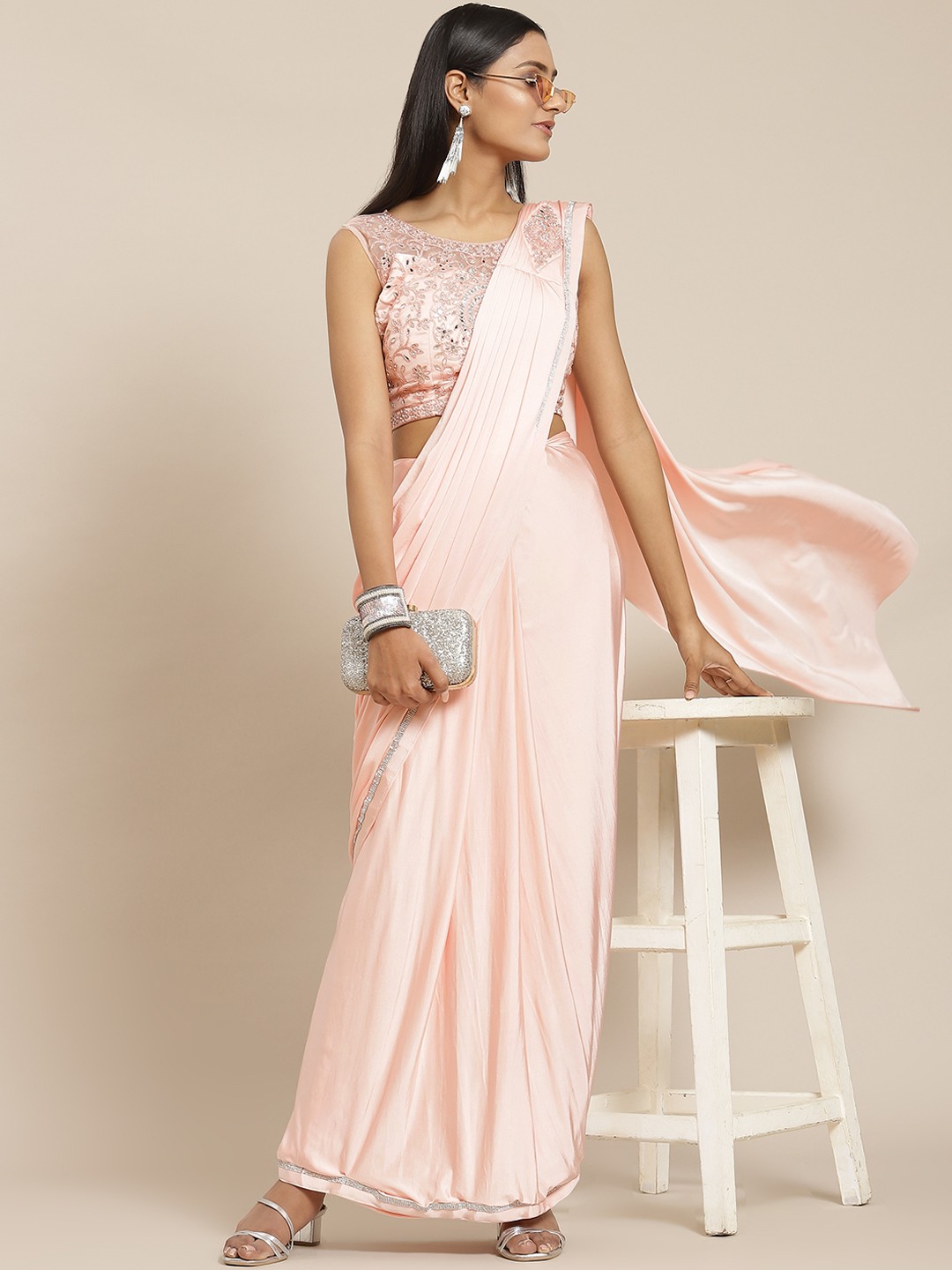 

Grancy Pink Solid Mirror Work Ready to Wear Saree