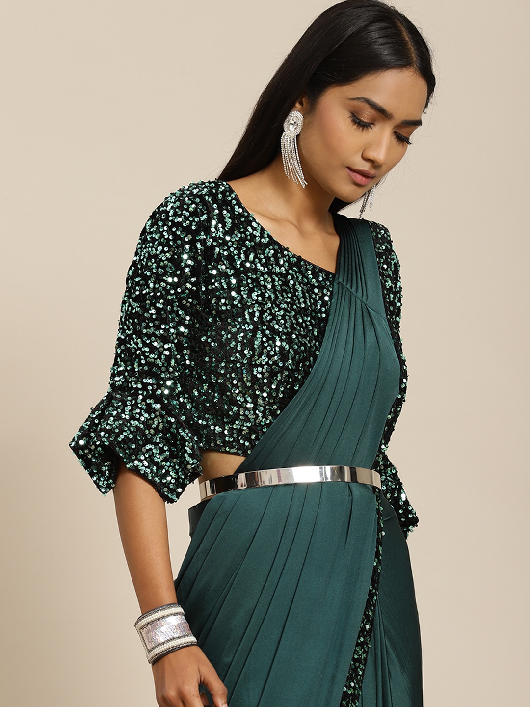 

Grancy Green Sequinned Ready to Wear Saree