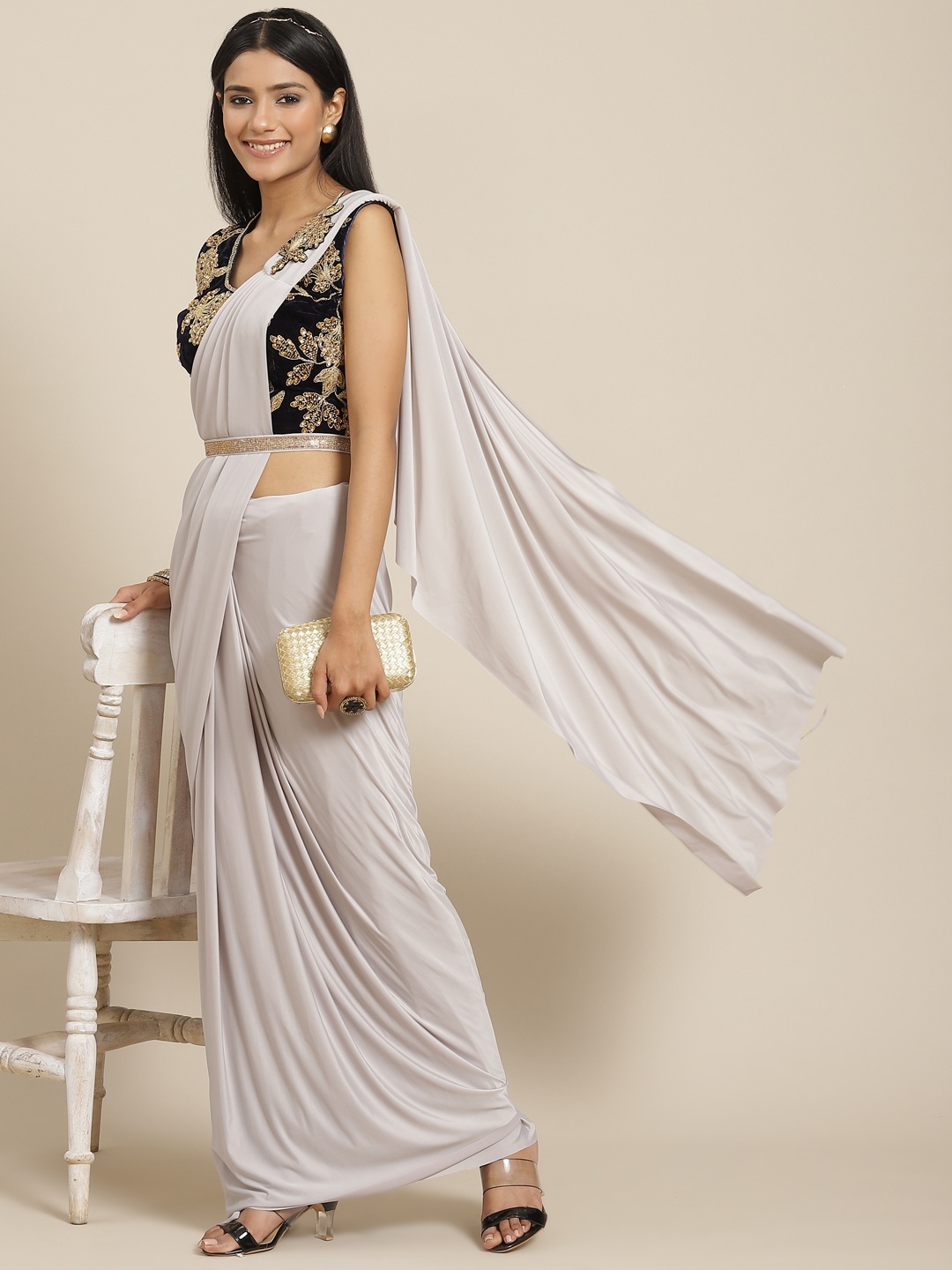 

Grancy Grey Embroidered Ready to Wear Saree
