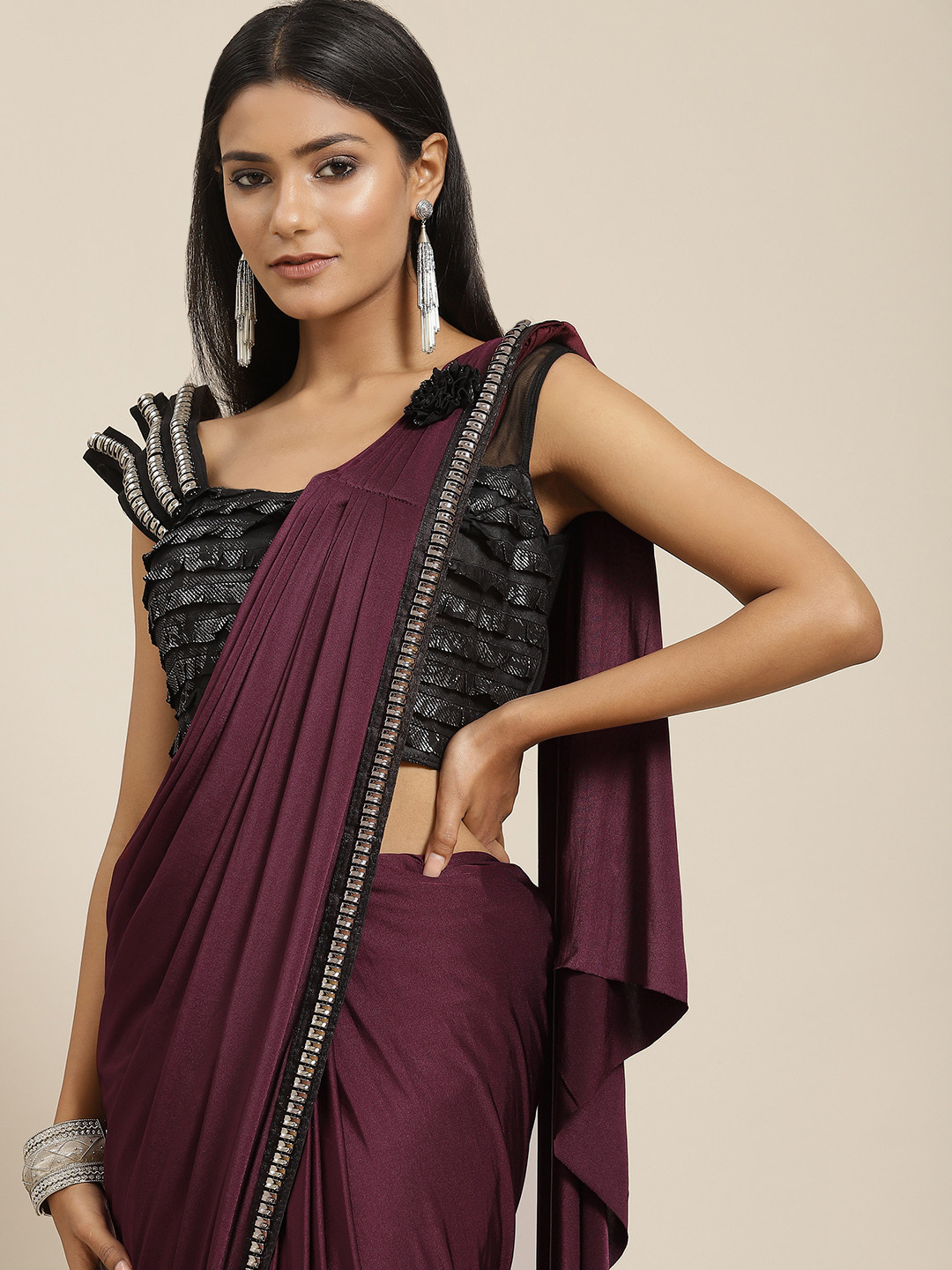 

Grancy Burgundy Ready to Wear Saree
