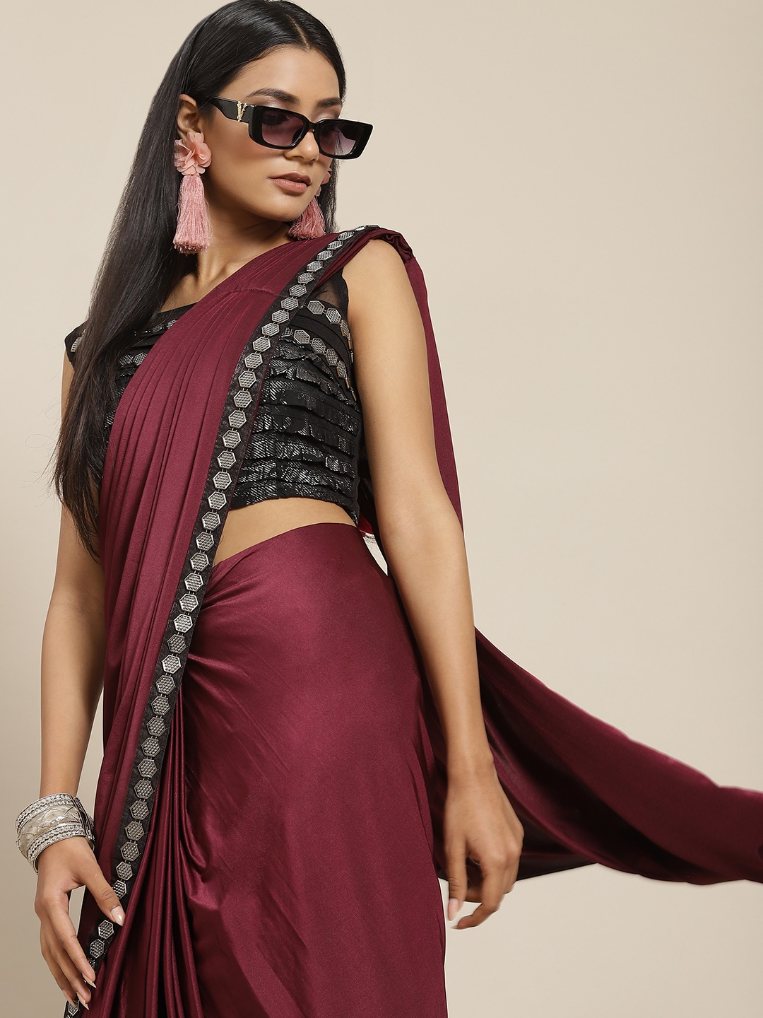 

Grancy Maroon Sequinned Ready to Wear Saree