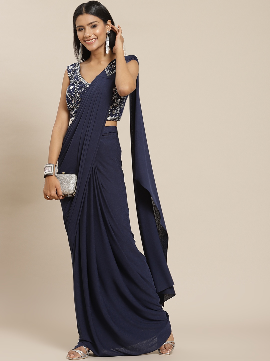 

Grancy Navy Blue Sequinned Ready to Wear Saree