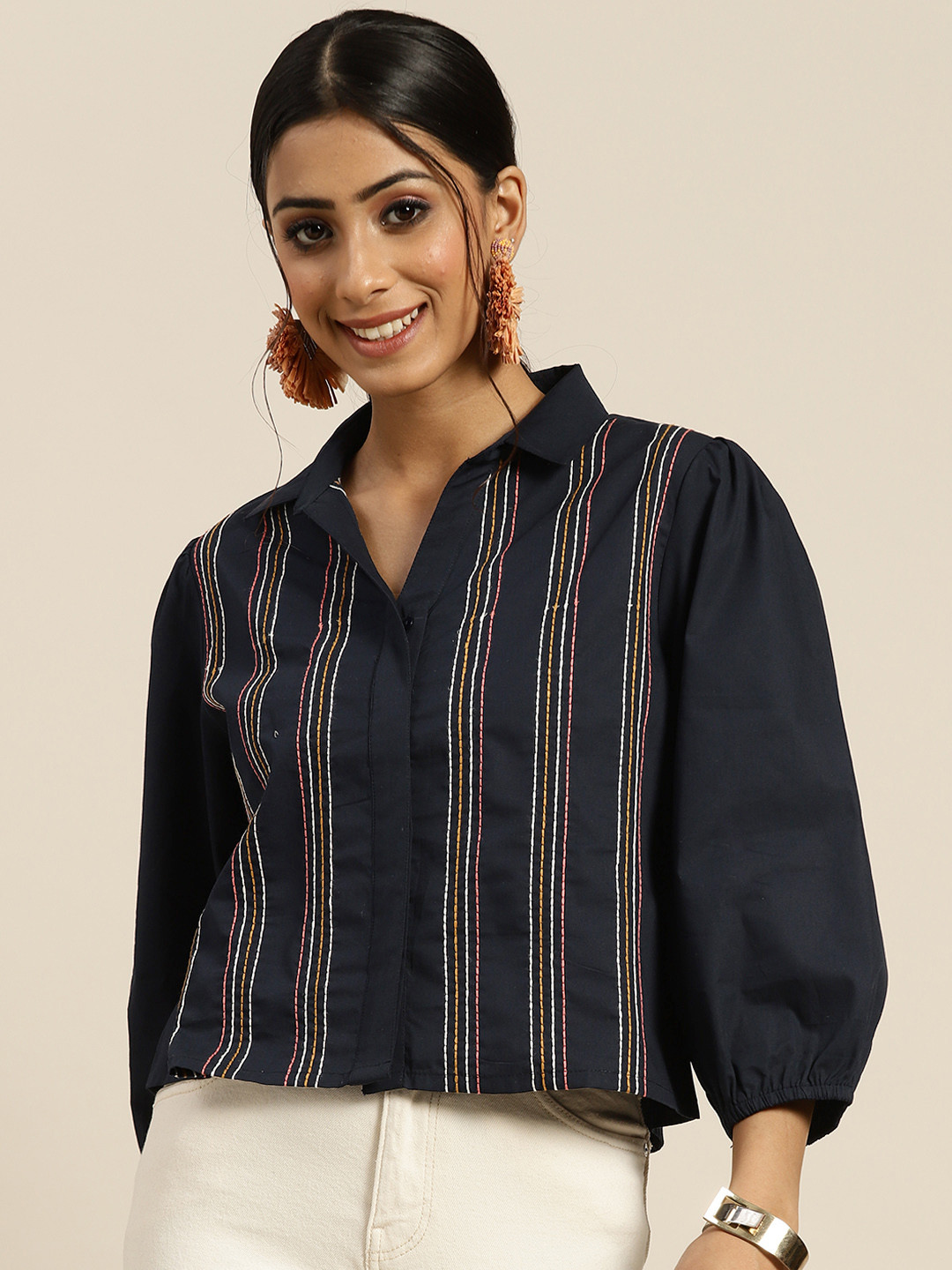 

Sangria Navy Blue Striped Cotton Shirt Style Top