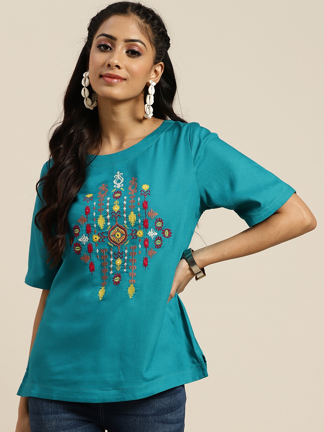 

Sangria Teal Blue & Maroon Embroidered Cotton Top