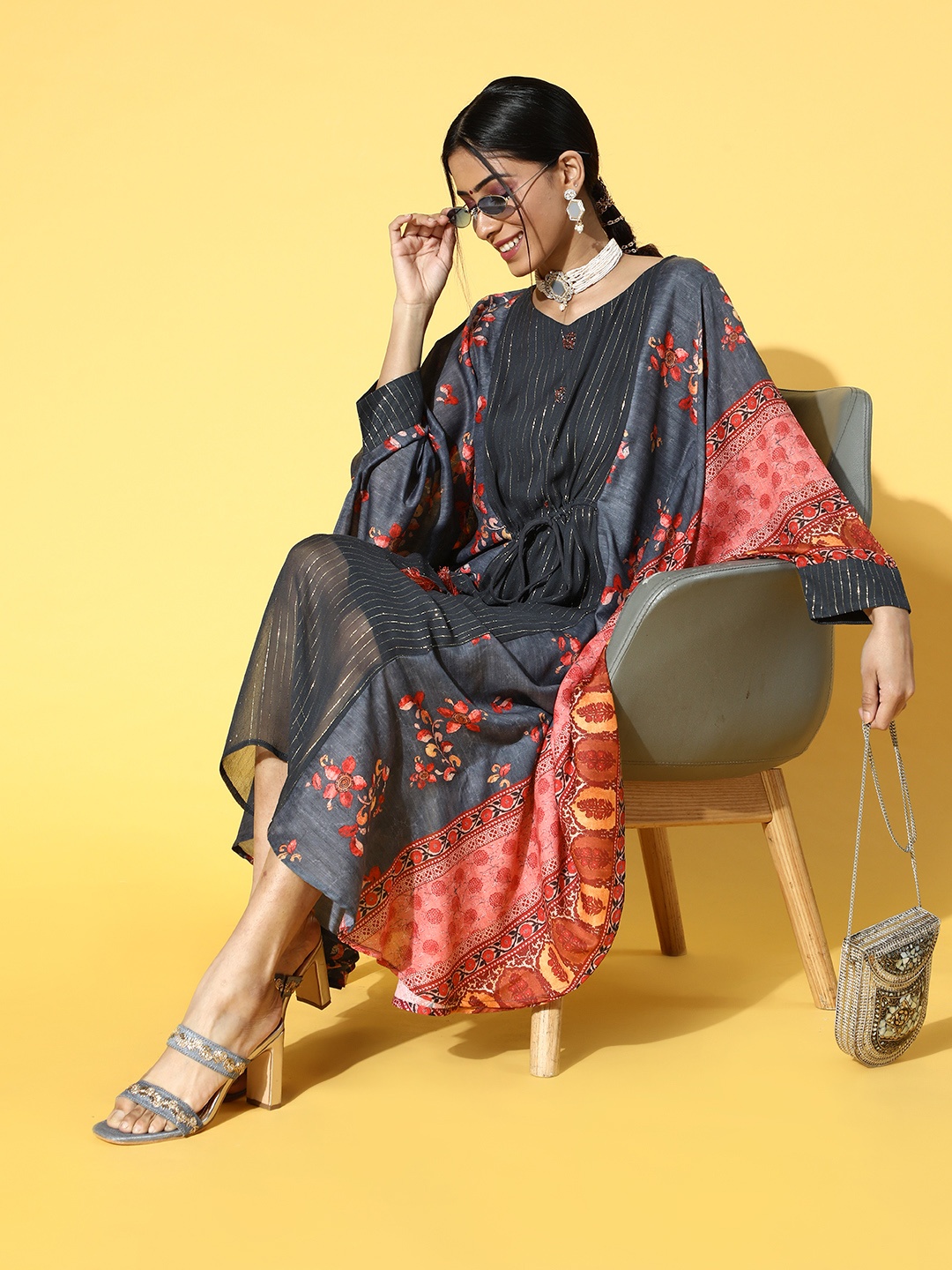 

Soch Women Charcoal Muslin Striped & Printed Kaftan Dress