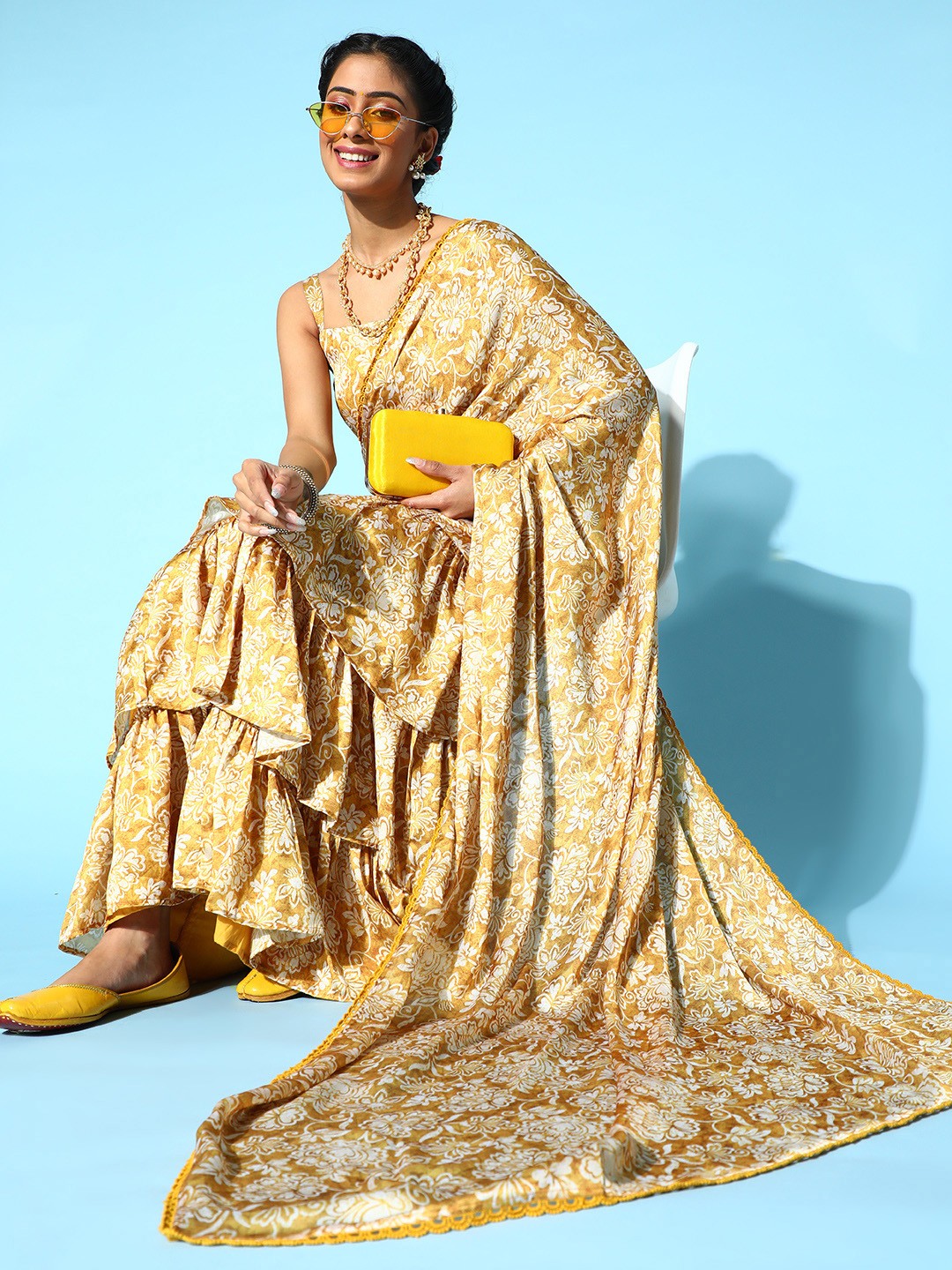 

anayna Women Mustard & Cream-Coloured Floral Silk Blend Saree