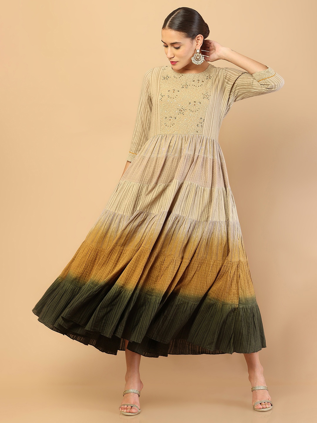 

Soch Women Beige Printed Mirror Work Asymmetric Kurta