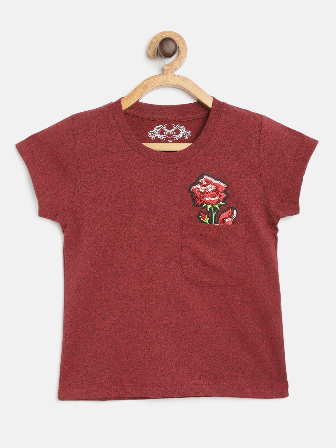 

FEMEA Girls Maroon Cotton Solid Pocket T-shirt