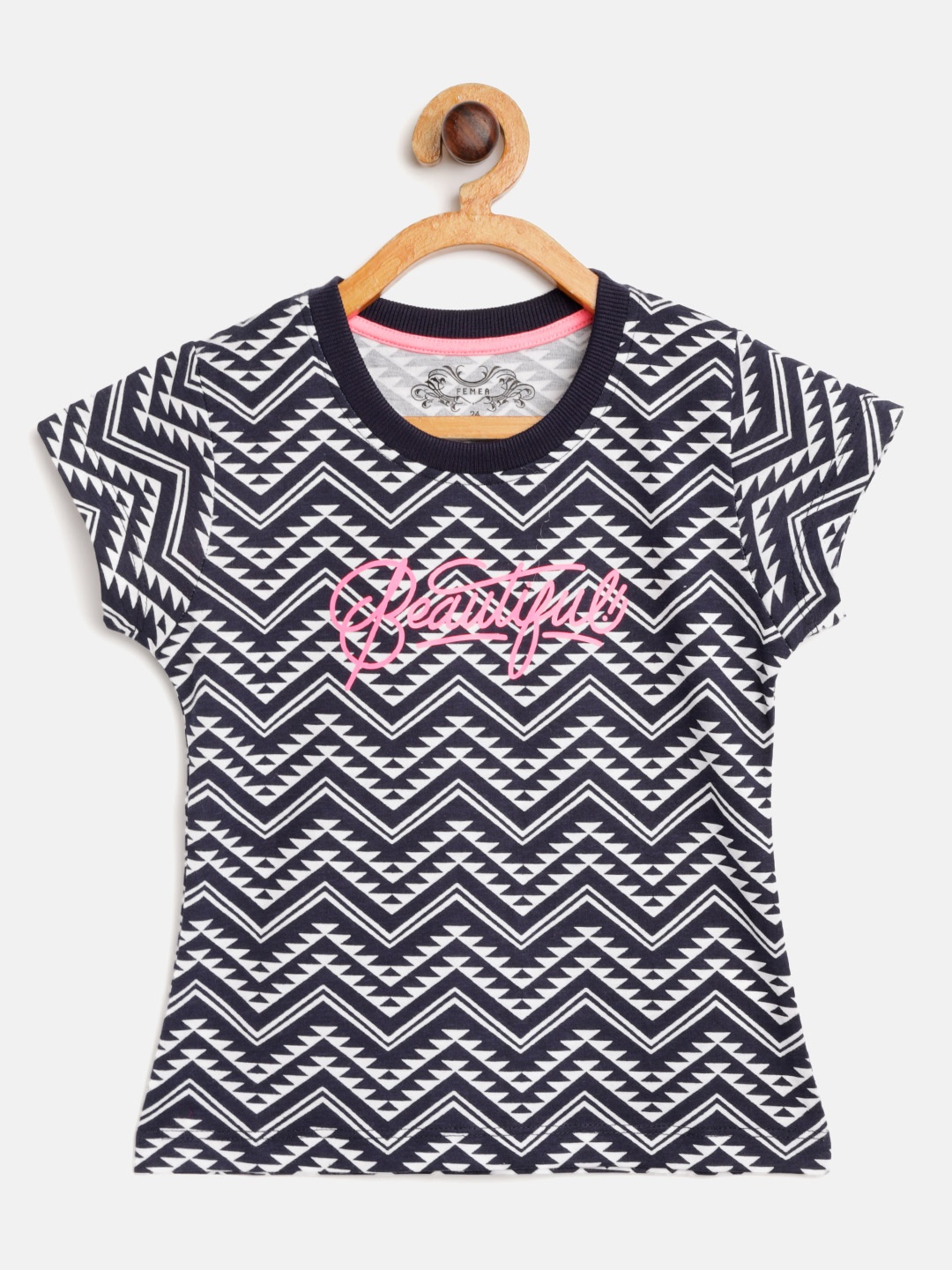 

FEMEA Girls Navy Blue & White Cotton Printed T-shirt