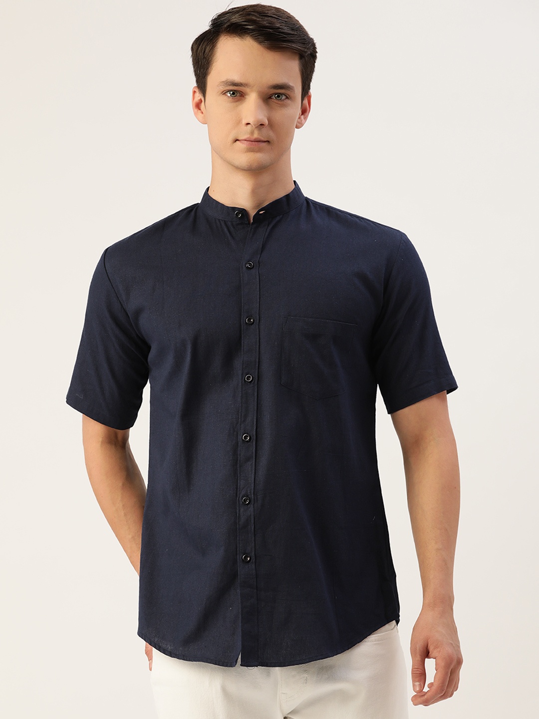 

JAPS Men Navy Blue Cotton Linen Solid Classic Fit Casual Shirt