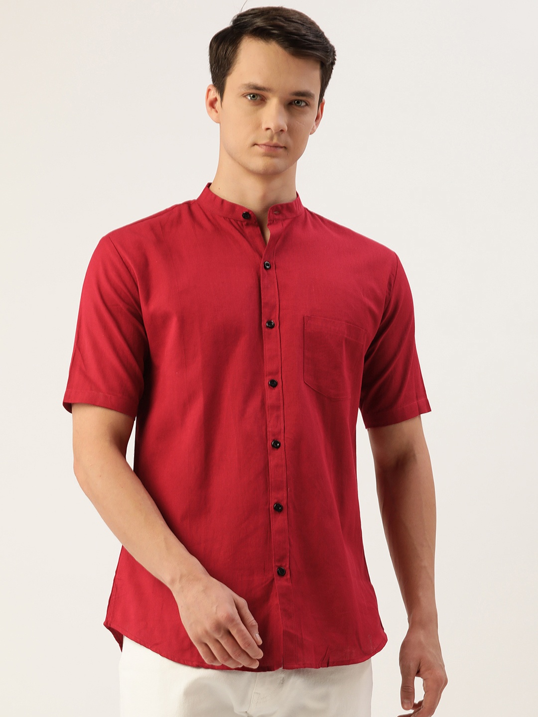 

JAPS Men Red Cotton Linen Solid Classic Fit Casual Shirt