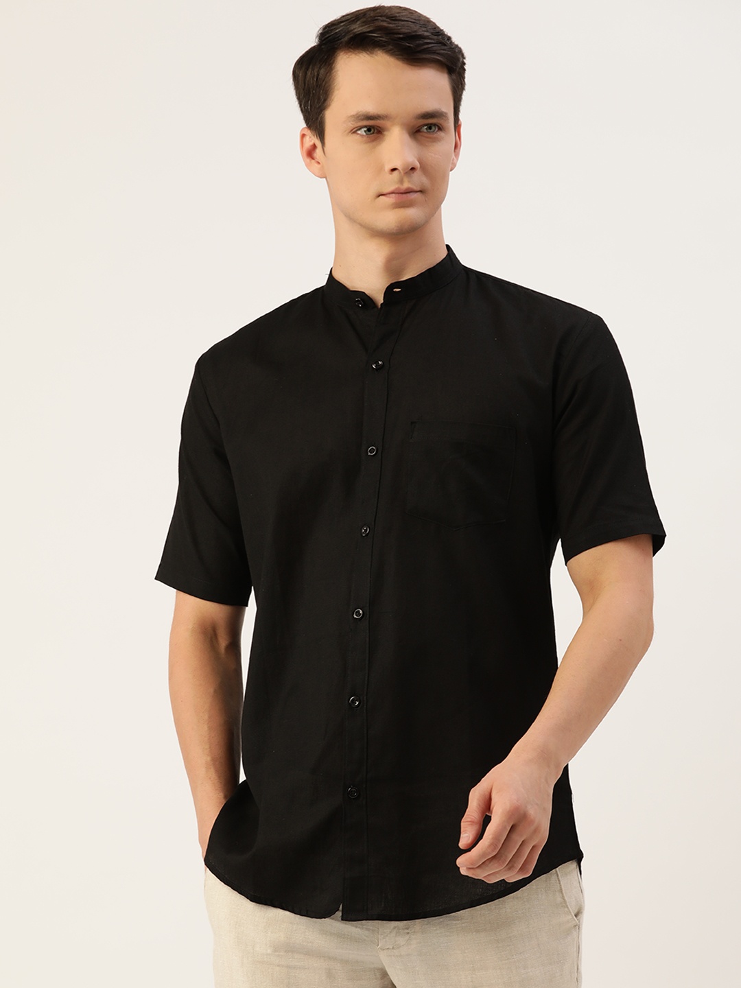 

JAPS Men Black Cotton Linen Solid Classic Fit Casual Shirt