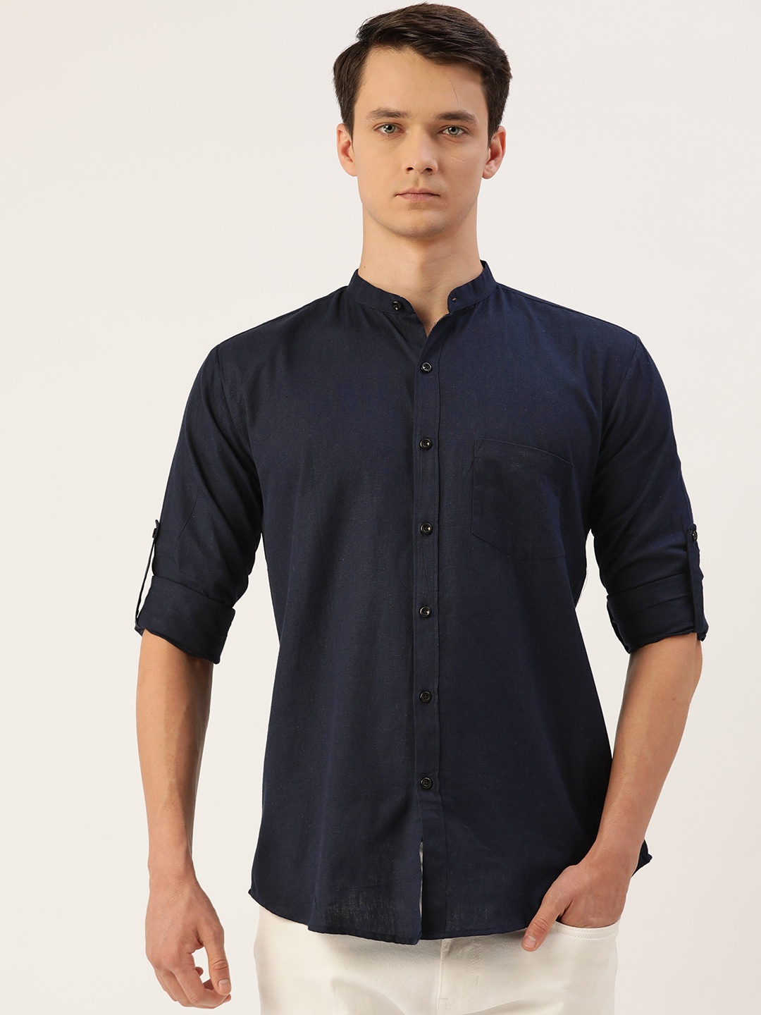 

JAPS Men Navy Blue Cotton Linen Solid Classic Fit Casual Shirt