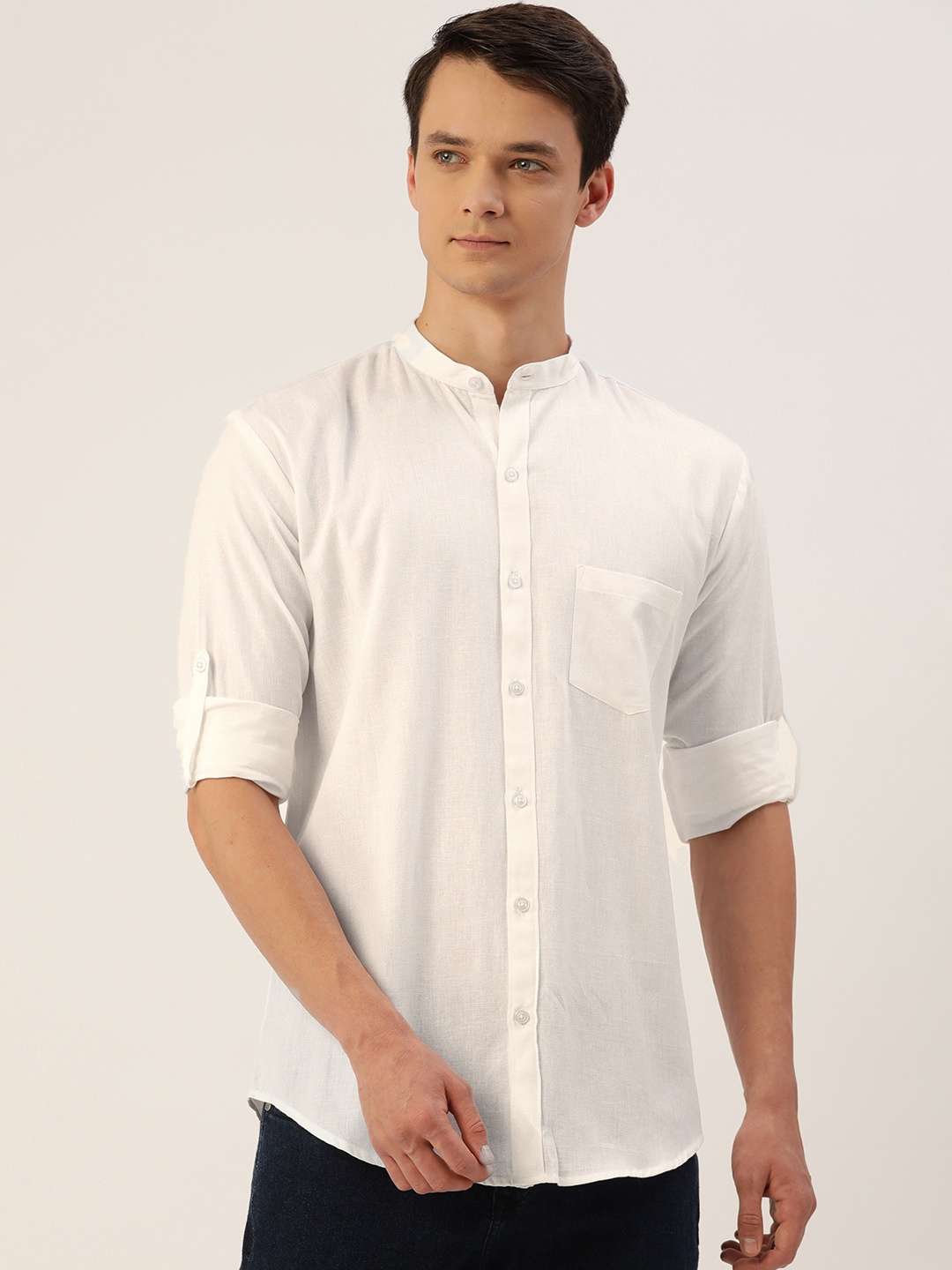 

JAPS Men White Cotton Linen Solid Classic Fit Casual Shirt