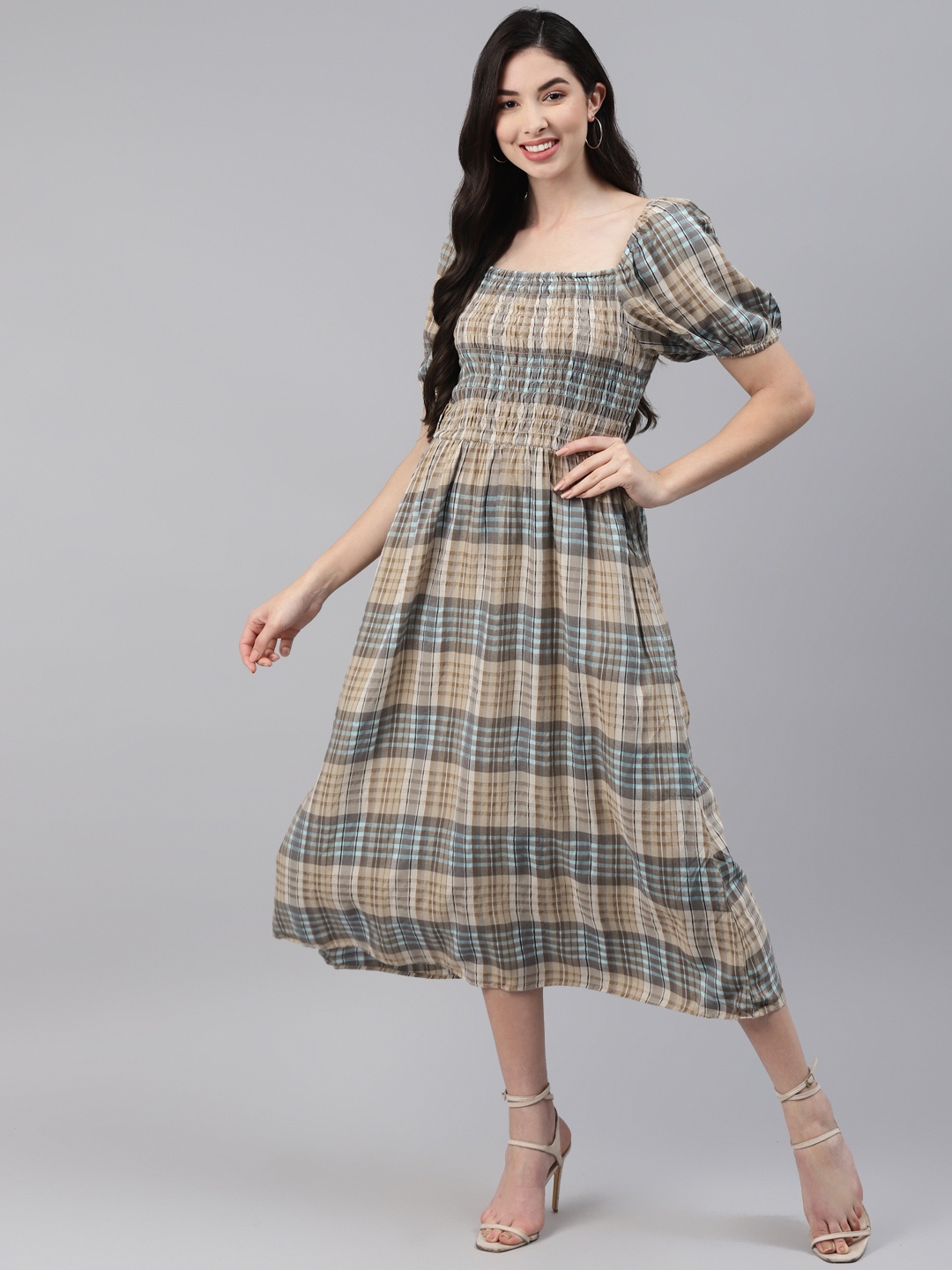 

I AM FOR YOU Beige & Blue Cotton Smocked Checked A-Line Midi Dress