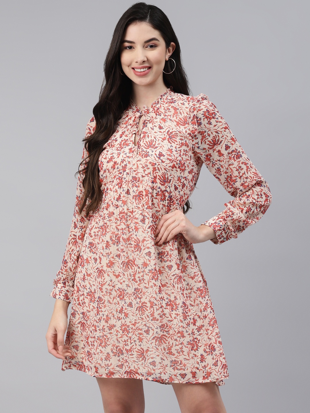 

I AM FOR YOU Peach-Coloured & Purple Floral Tie-Up Neck Georgette Dress