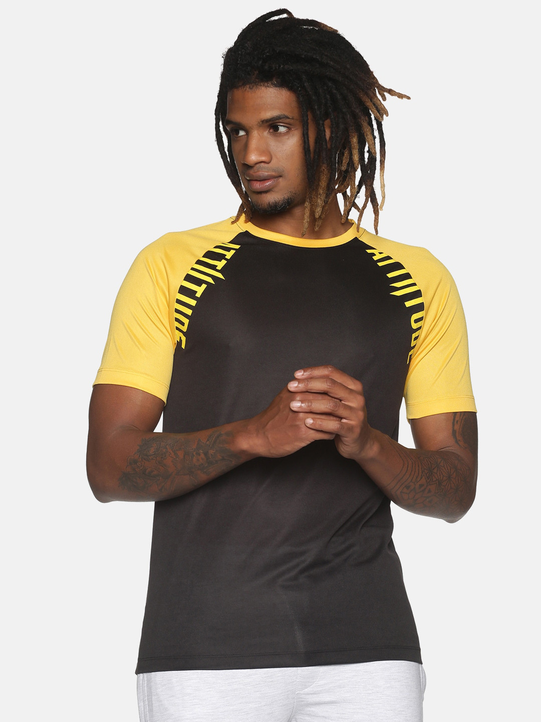 

ATTIITUDE Men Black & Yellow Colorblocked Dry Fit Sports Slim Fit T-shirt