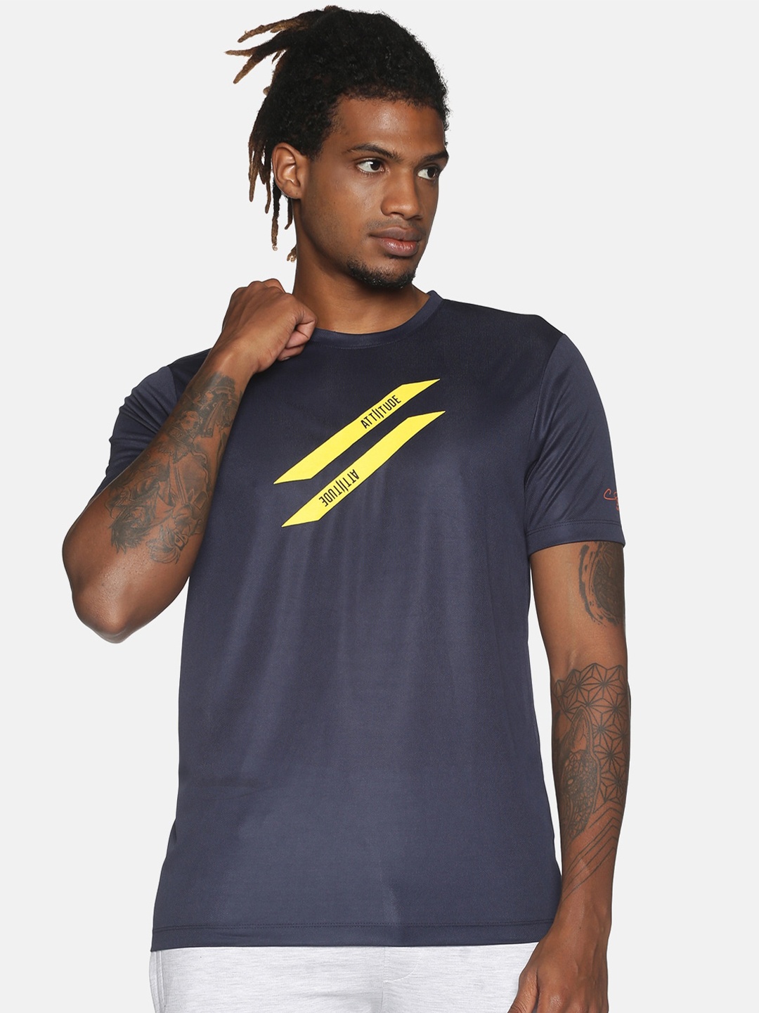 

ATTIITUDE Men Navy Blue Printed Dry Fit Sports Slim Fit T-shirt
