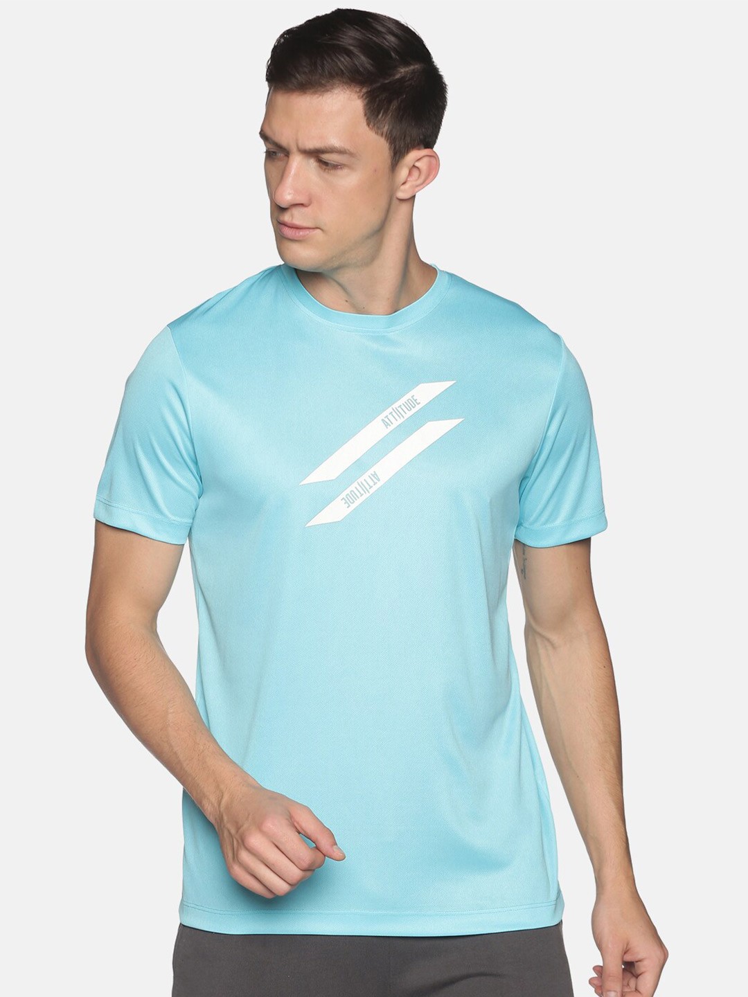 

ATTIITUDE Men Turquoise Blue & White Brand Logo Printed Dry Fit Slim Fit T-shirt