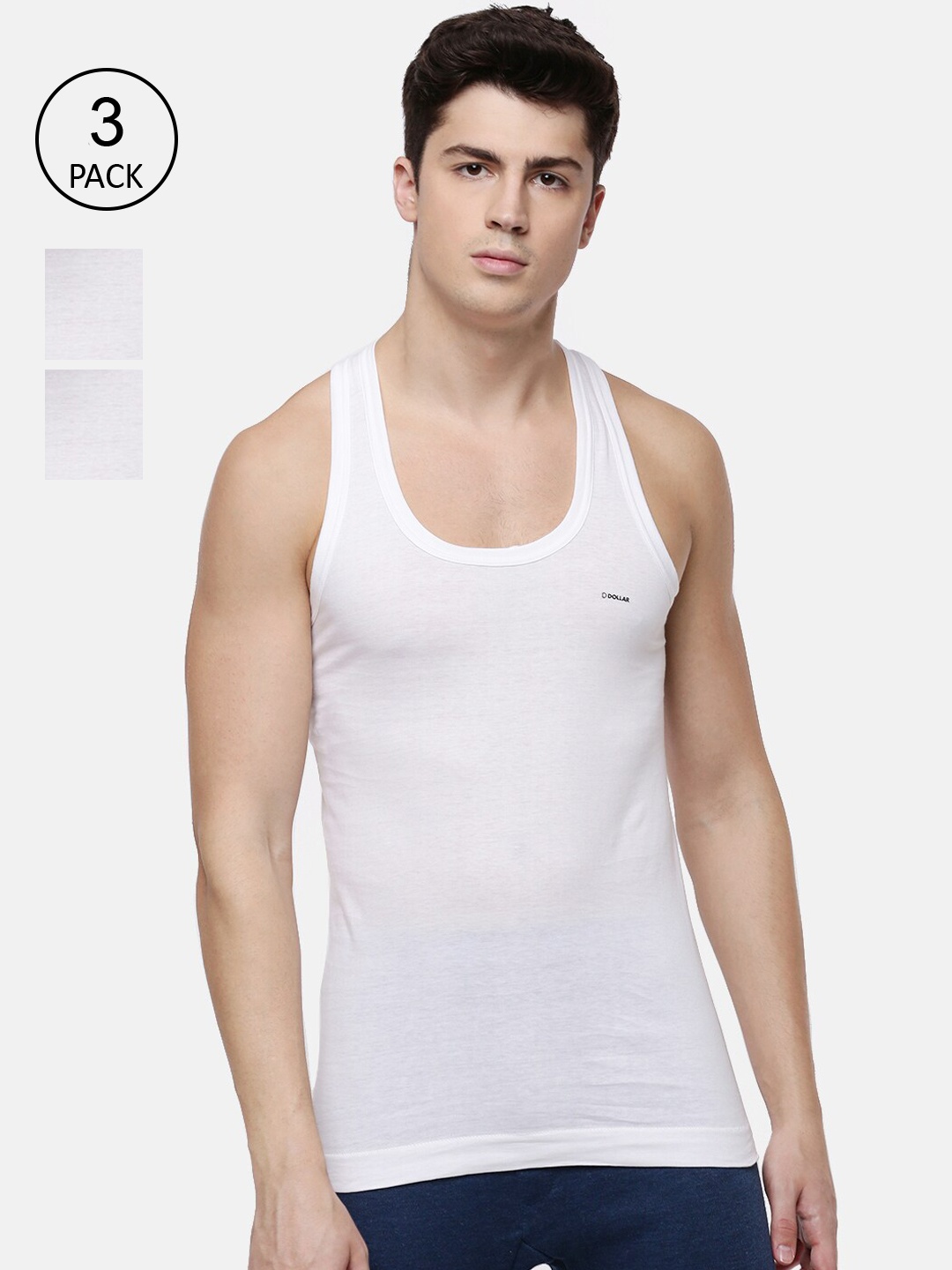 

Dollar Pack of 3 Men White Solid Pure Cotton Innerwear Vest