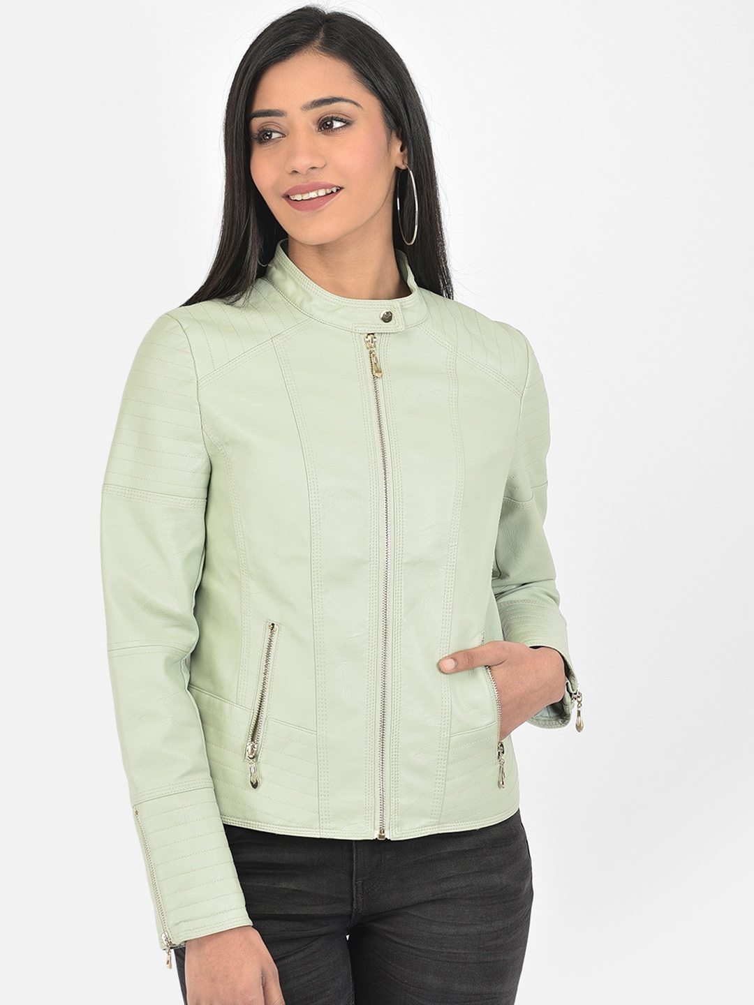 

Latin Quarters Women Green Geometric Biker Jacket