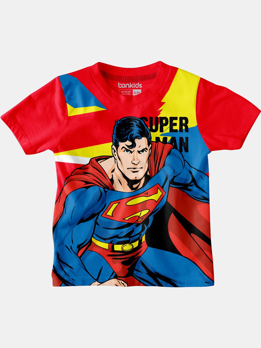 

BONKIDS Boys Red Superman Printed V-Neck Cotton T-shirt
