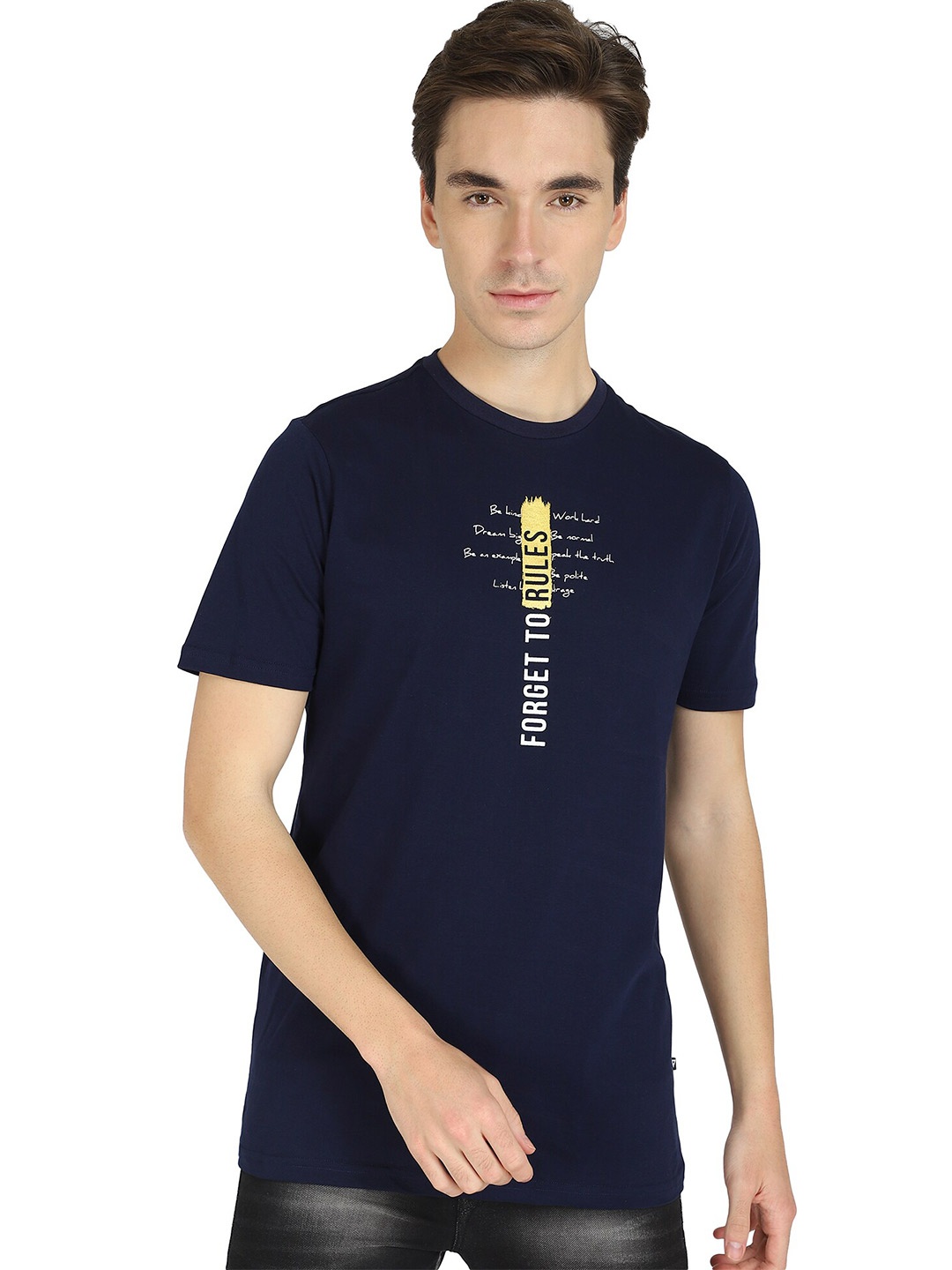 

PROTEENS Men Navy Blue Typography Printed T-shirt