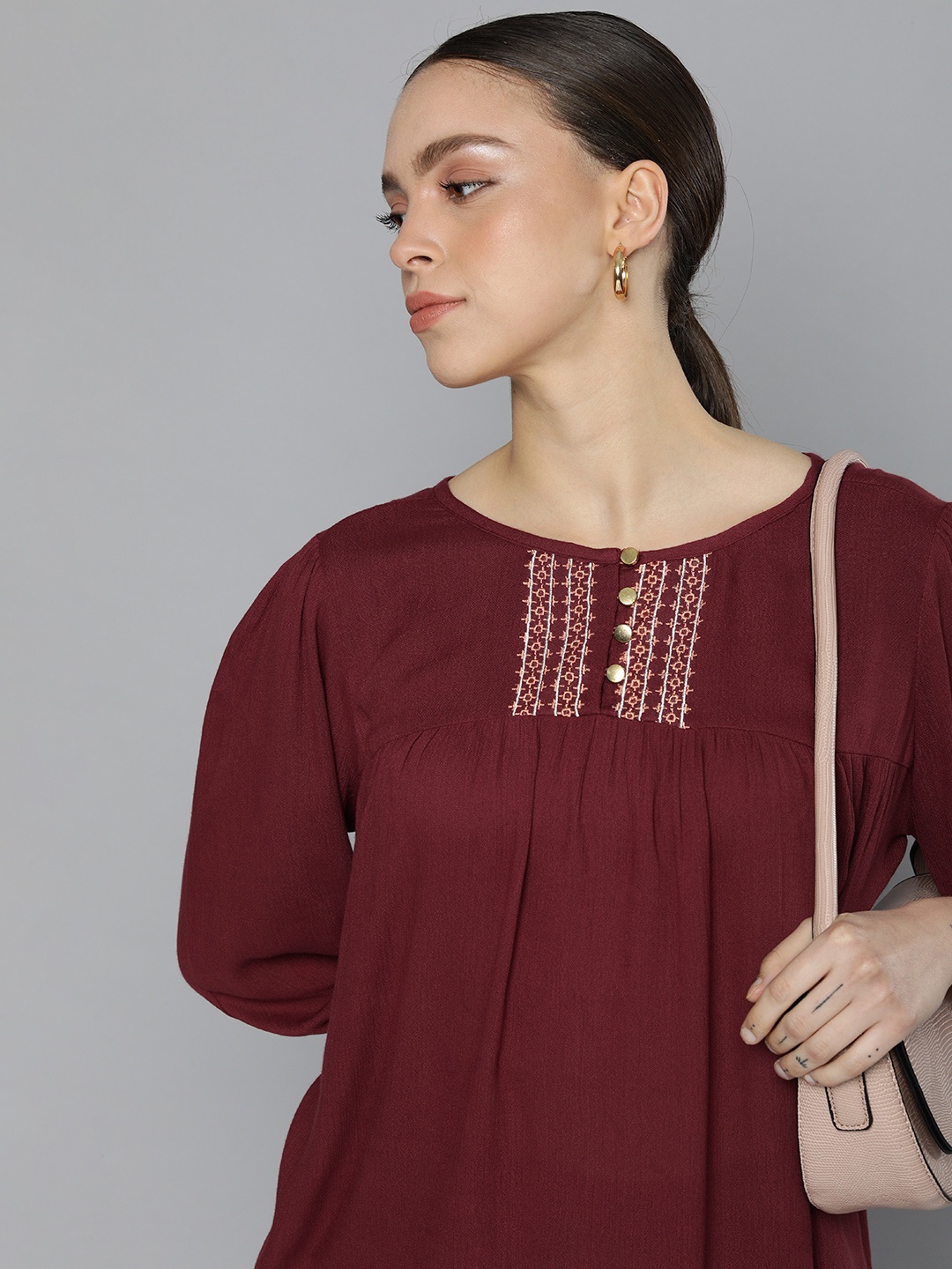 

Chemistry Maroon Yoke Embroidered Boxy Top
