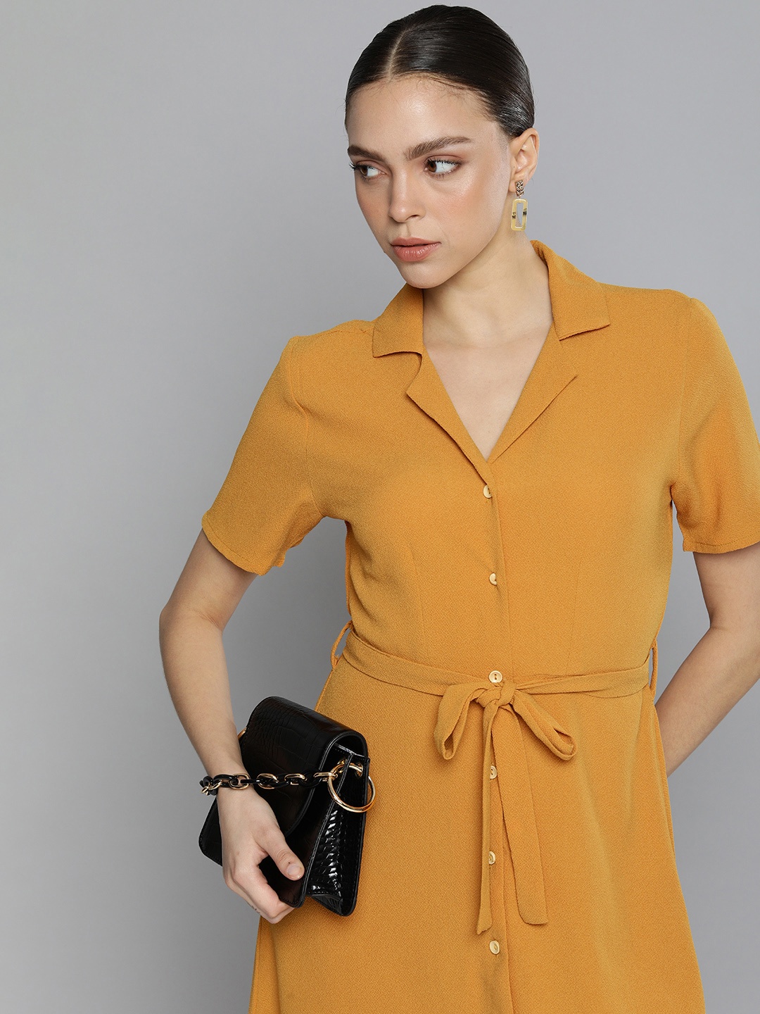 

Chemistry Mustard Yellow Solid Shirt Midi Dress with Tie-up