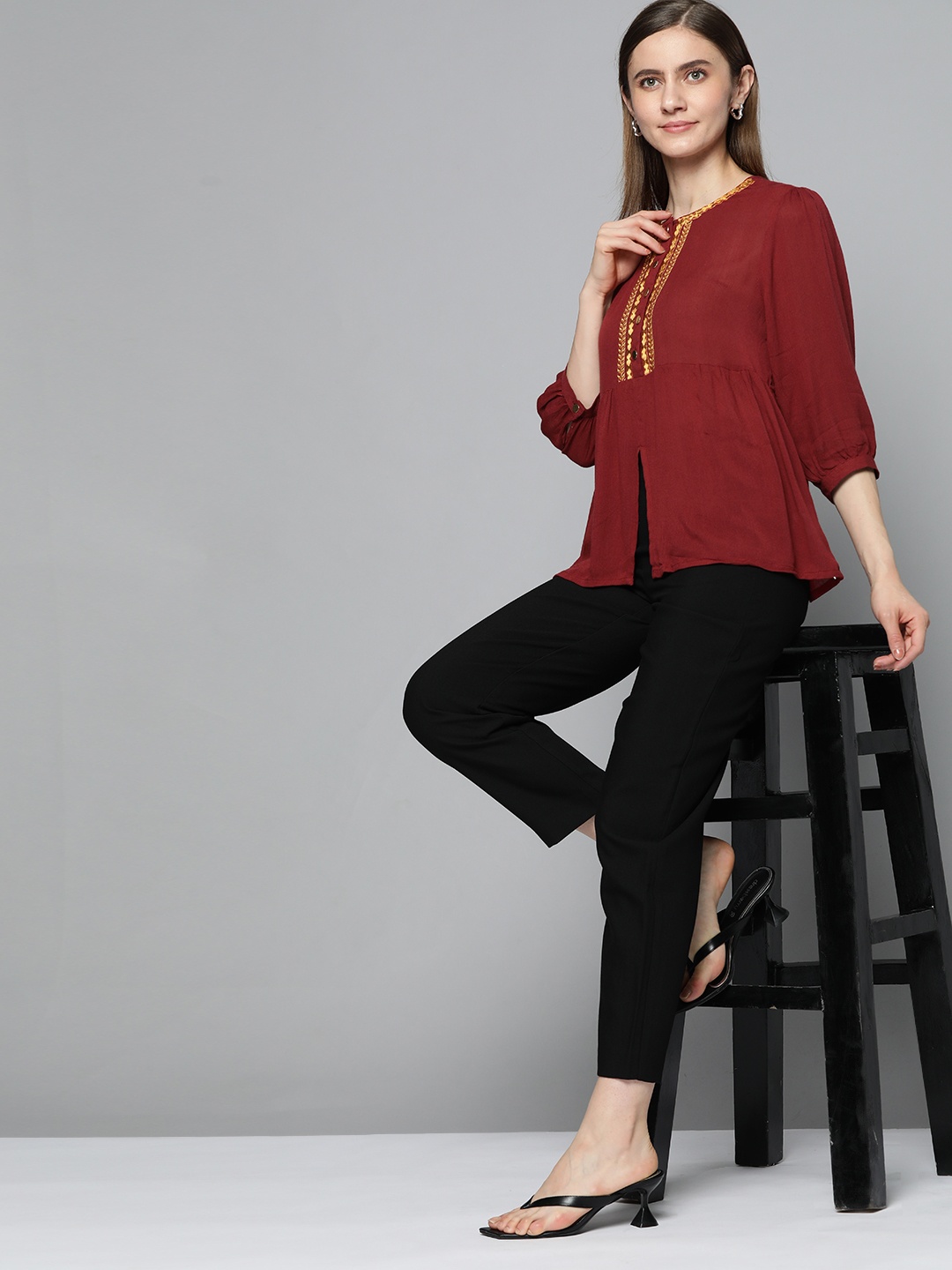 

Chemistry Maroon Embroidered Front Slit Detail A-Line Top