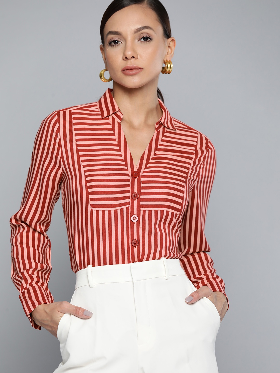 

Chemistry Women Red & Off-White Striped Casual Shirt